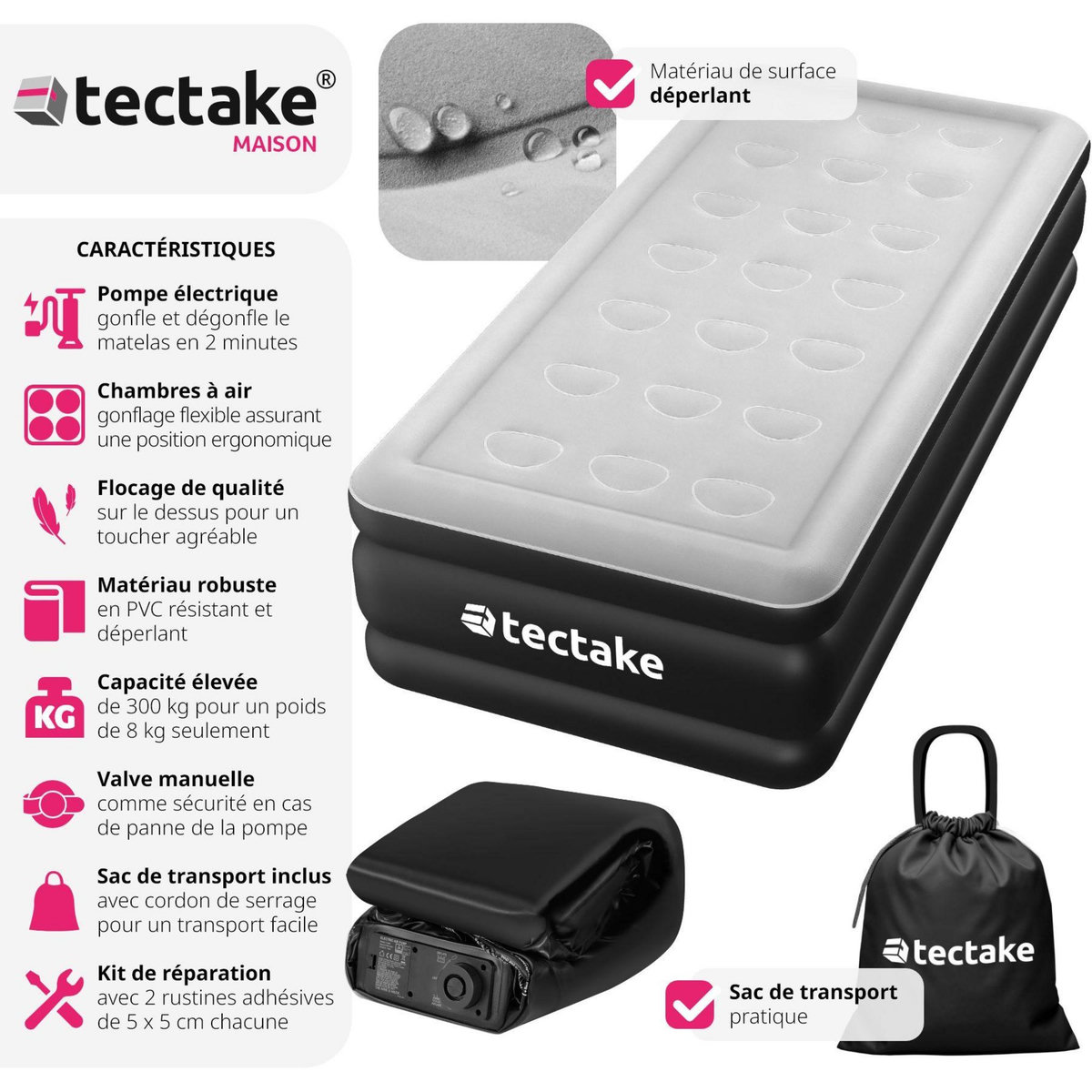 tectake Matelas gonflable avec pompe électrique sac de transport inclus 200x101x44cm