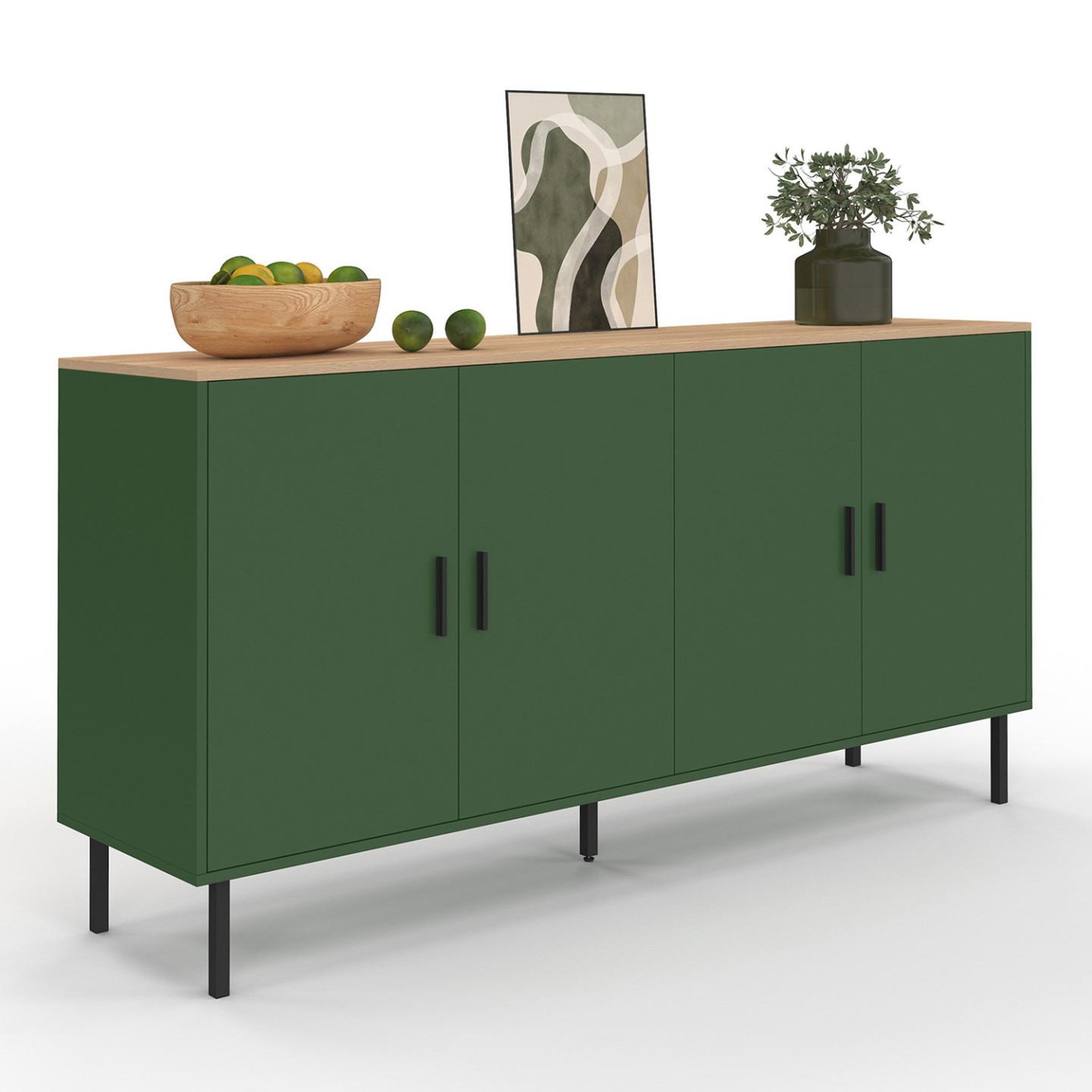 ID MARKET Buffet 160 cm kelia 4 portes vert kaki et plateau bois