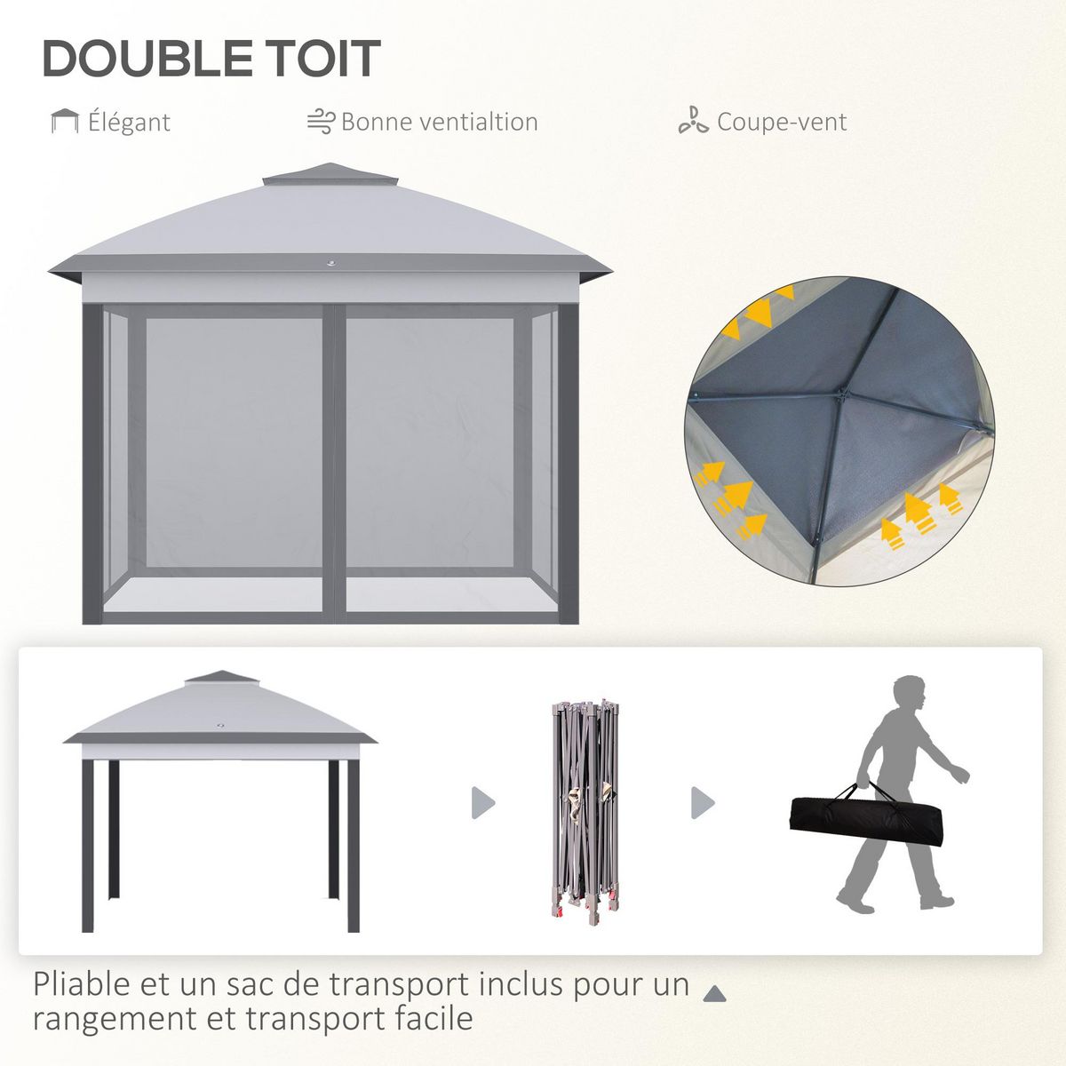 OUTSUNNY Tonnelle barnum automatique pop-up dim. 3,3L x 3,3l x 2,88H m moustiquaires sac transport métal oxford gris
