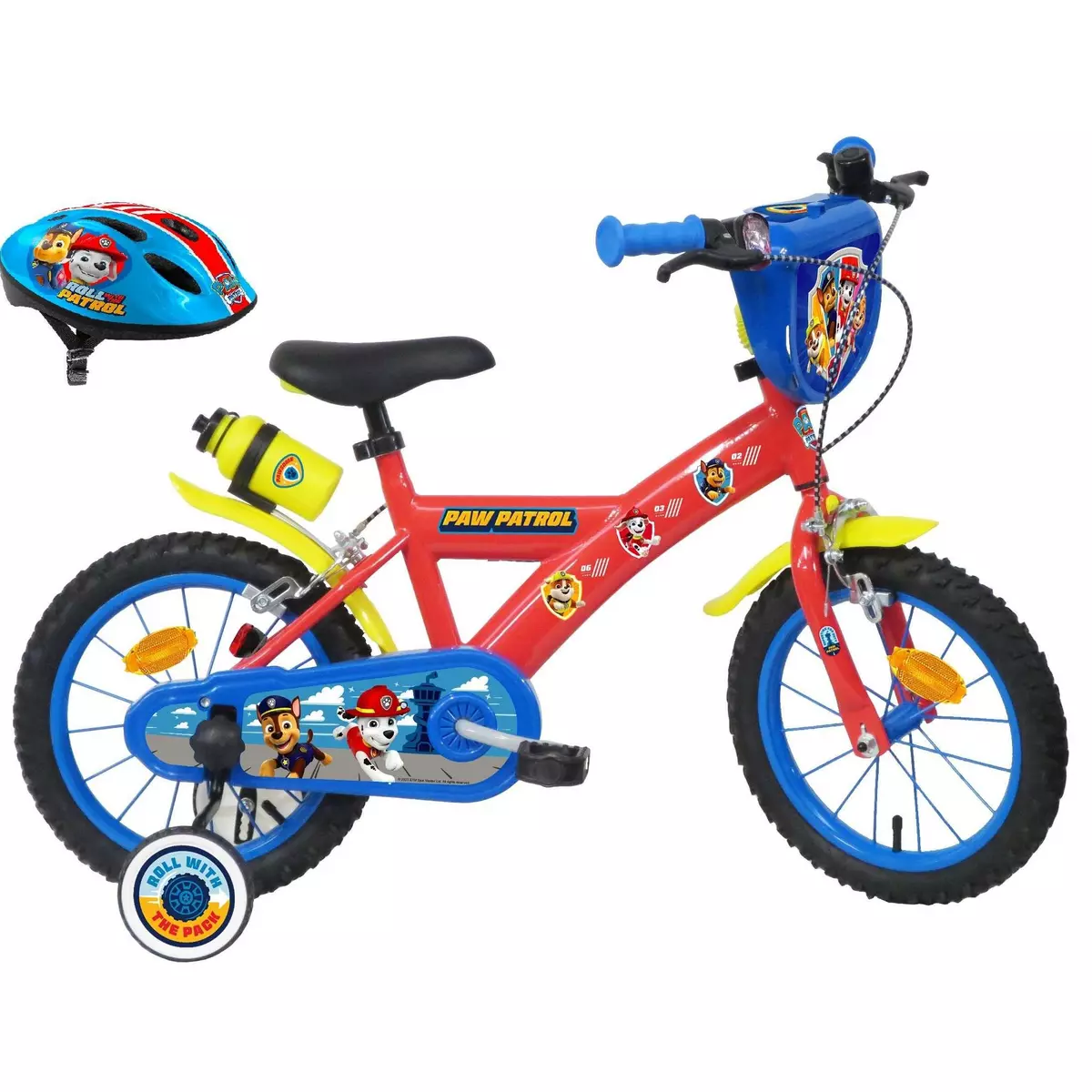 Nickelodeon Vélo 14  Garçon Licence  Pat Patrouille  + Casque  pour enfant de 95/110 cm avec stabilisateurs à molettes - 2 freins - Plaque décorative avant - porte bidon