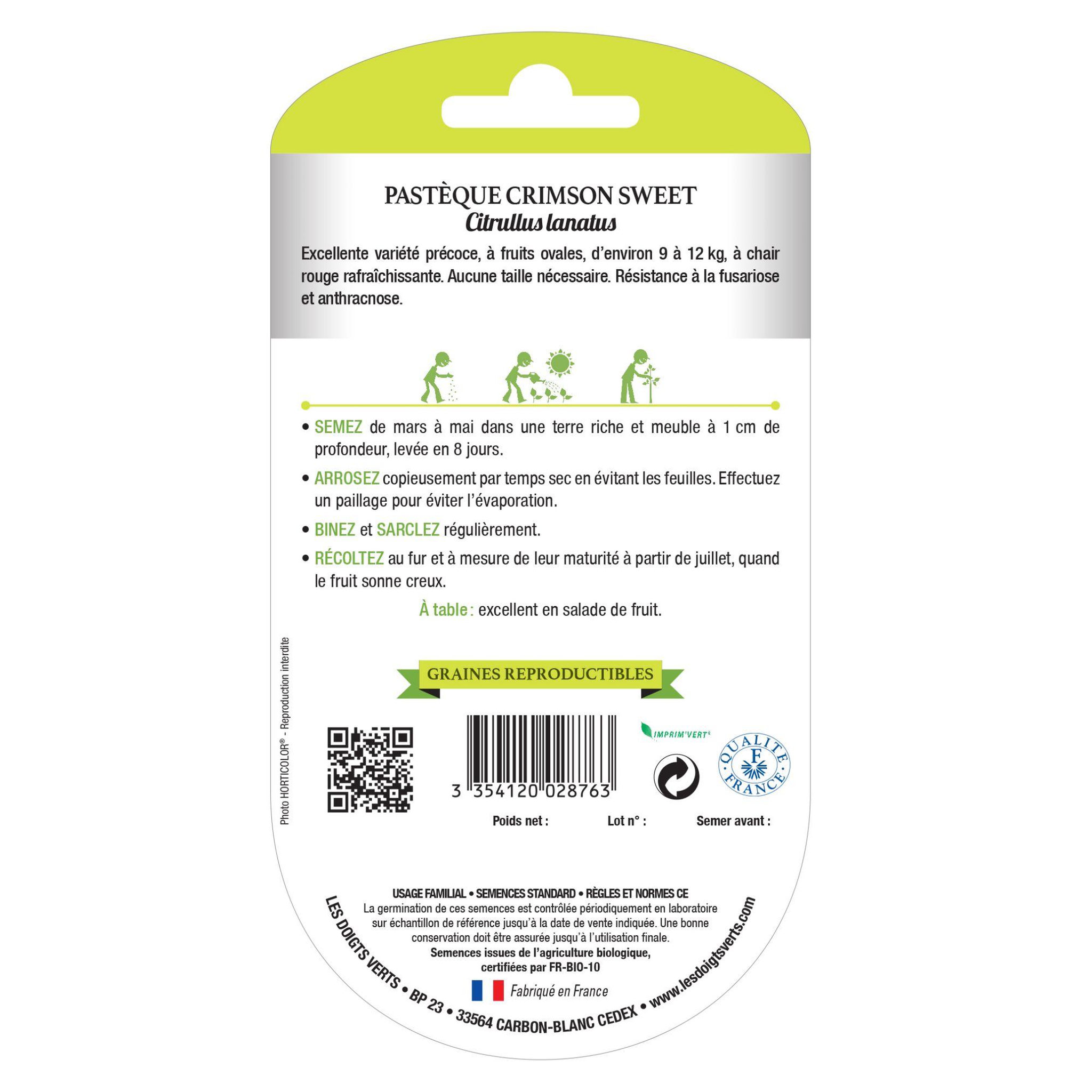 Voir la diapositive 2 : LES DOIGTS VERTS Graines pastèque Crimson Sweet BIO Les Doigts Verts
