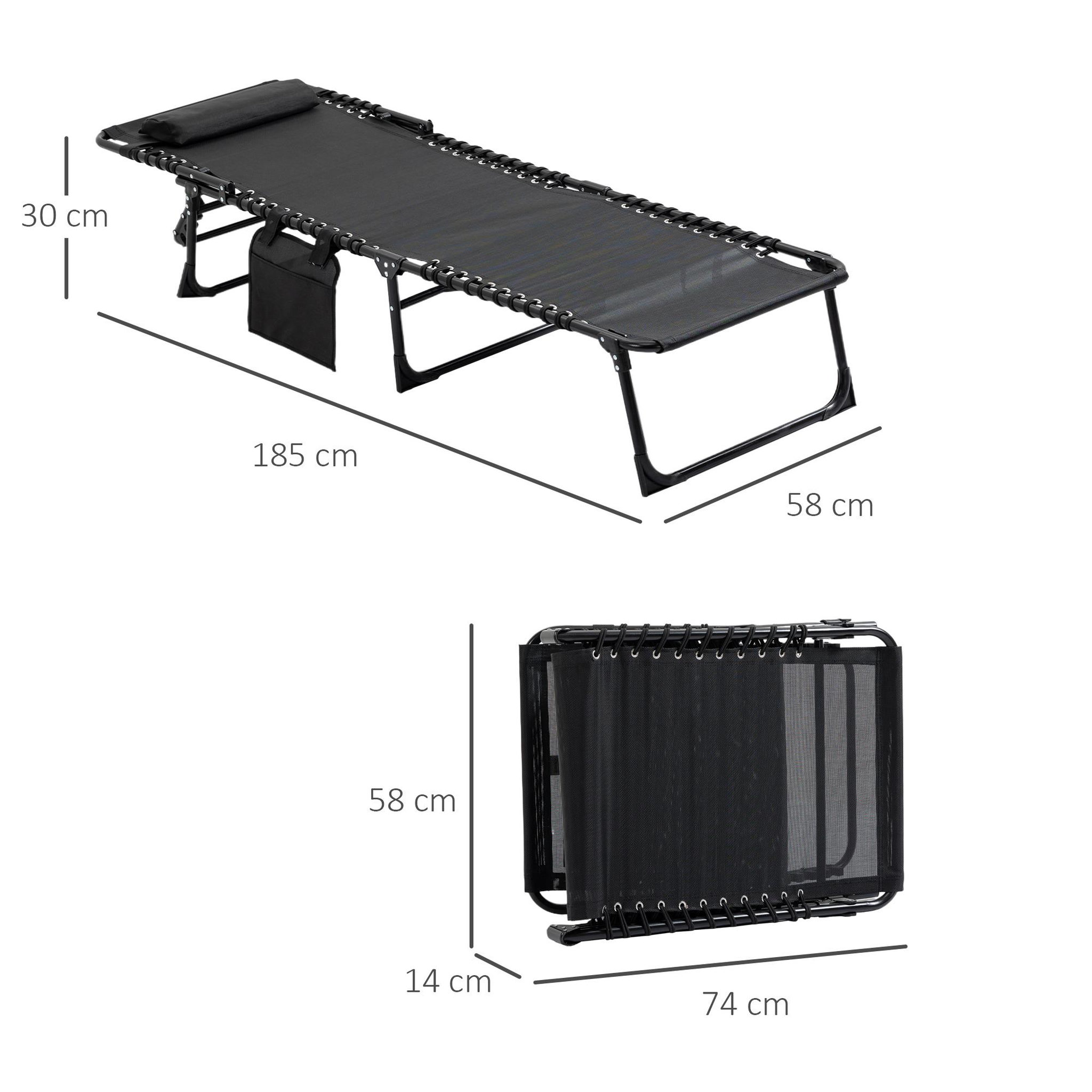 Voir la diapositive 3 : OUTSUNNY Bain de soleil transat pliable avec poignée - dossier inclinable multi-positions, pochette, tétière - acier époxy lacets élastiques textilène noir