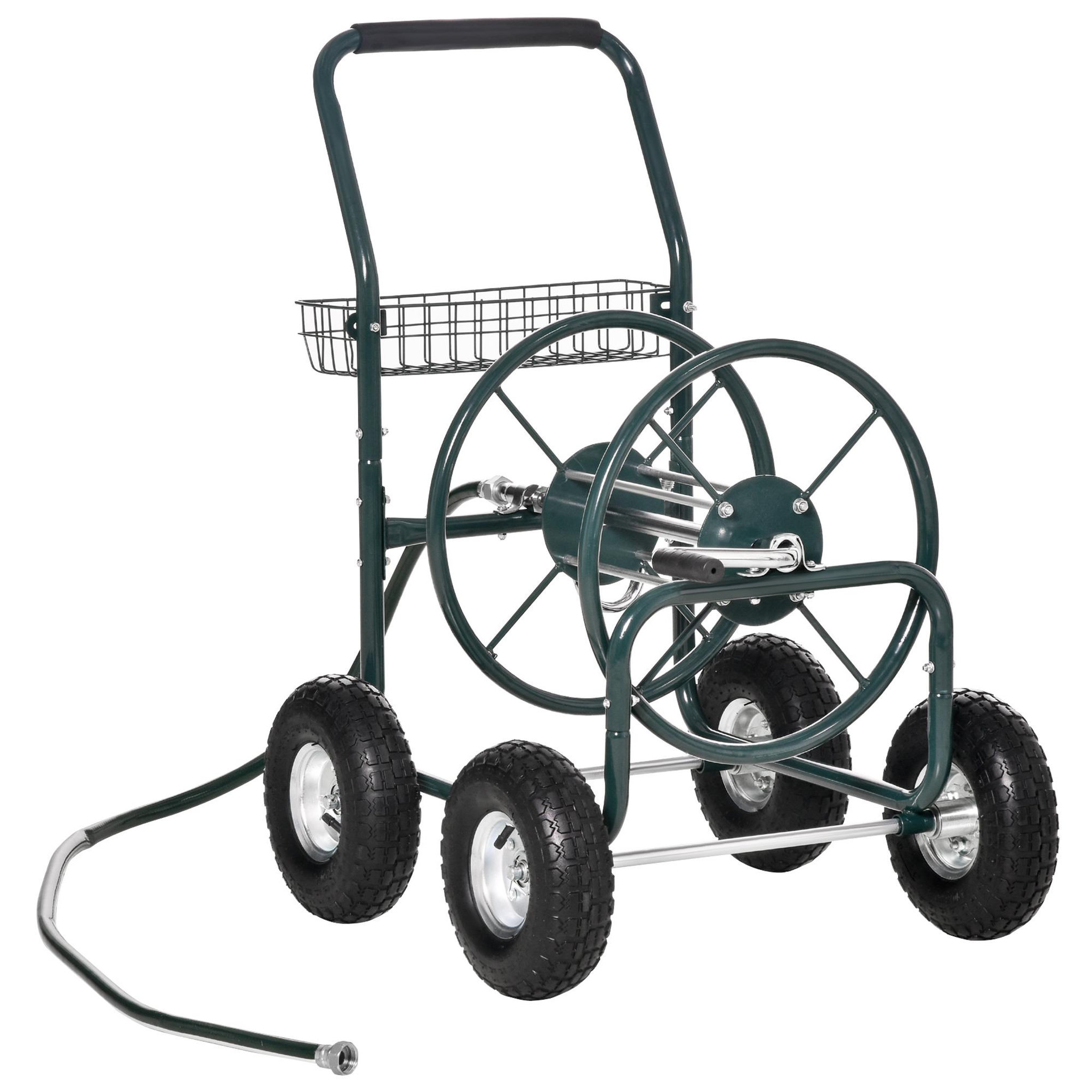 Voir la diapositive 1 : OUTSUNNY Dévidoir sur roues 70 m - dévidoir métal - dévidoir chariot - enrouleur tuyau d'arrosage - poignée antidérapante, panier rangement - métal vert