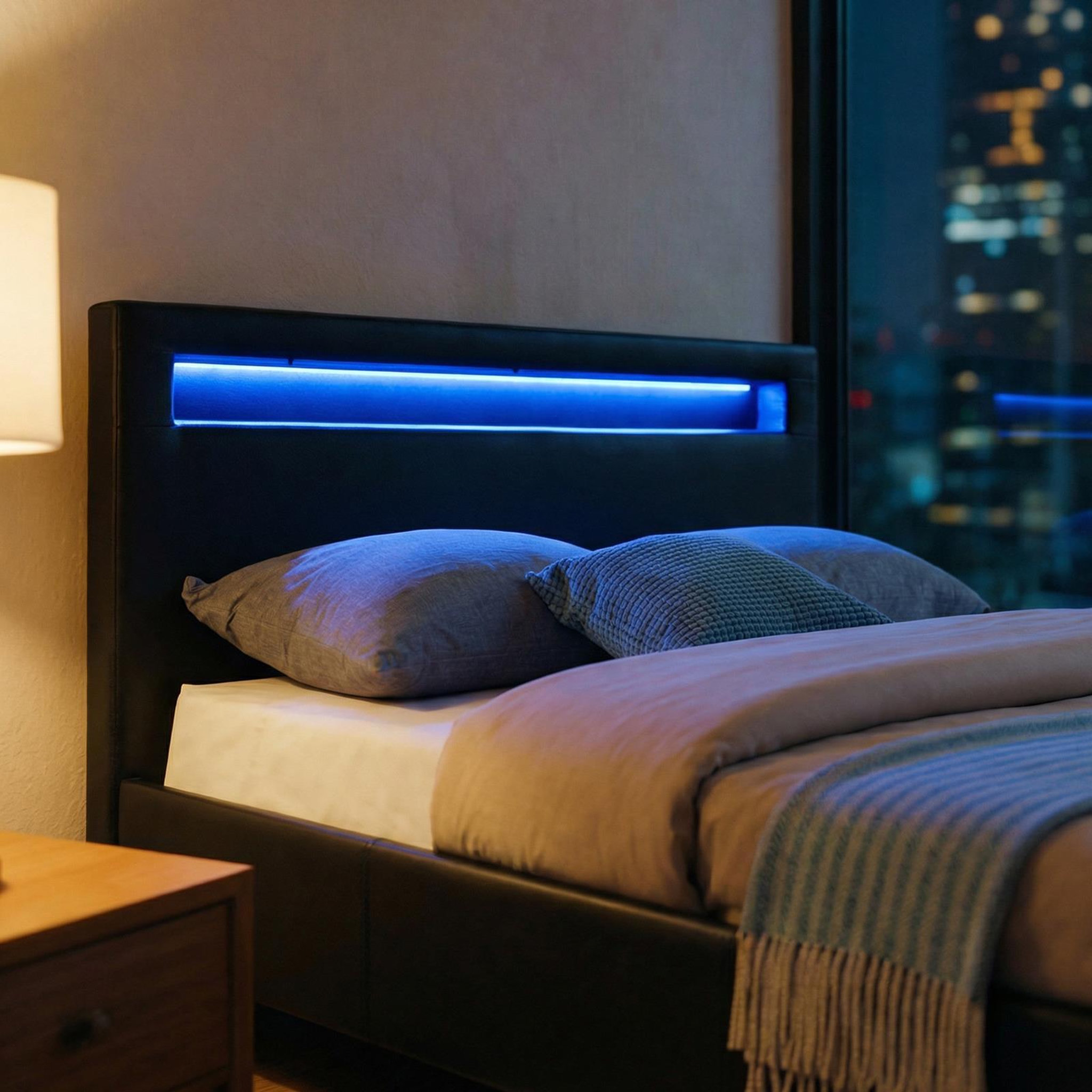 Voir la diapositive 4 : IDIMEX Lit LED simple MIIRANDO 120x190 cm, avec sommier, revêtement synthétique