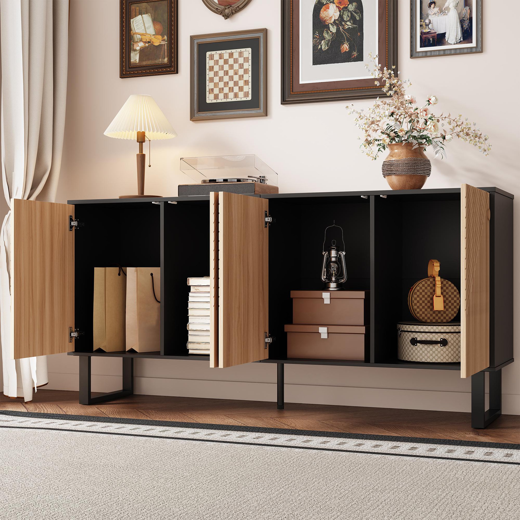 Voir la diapositive 5 : MERAX Buffet 4 porte(s) 0 tiroir(s) - 160 cm naturel+noir mdf