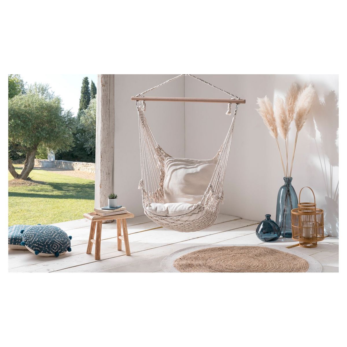 Inkazen Hamac de jardin suspendu en macrame avec coussin beige