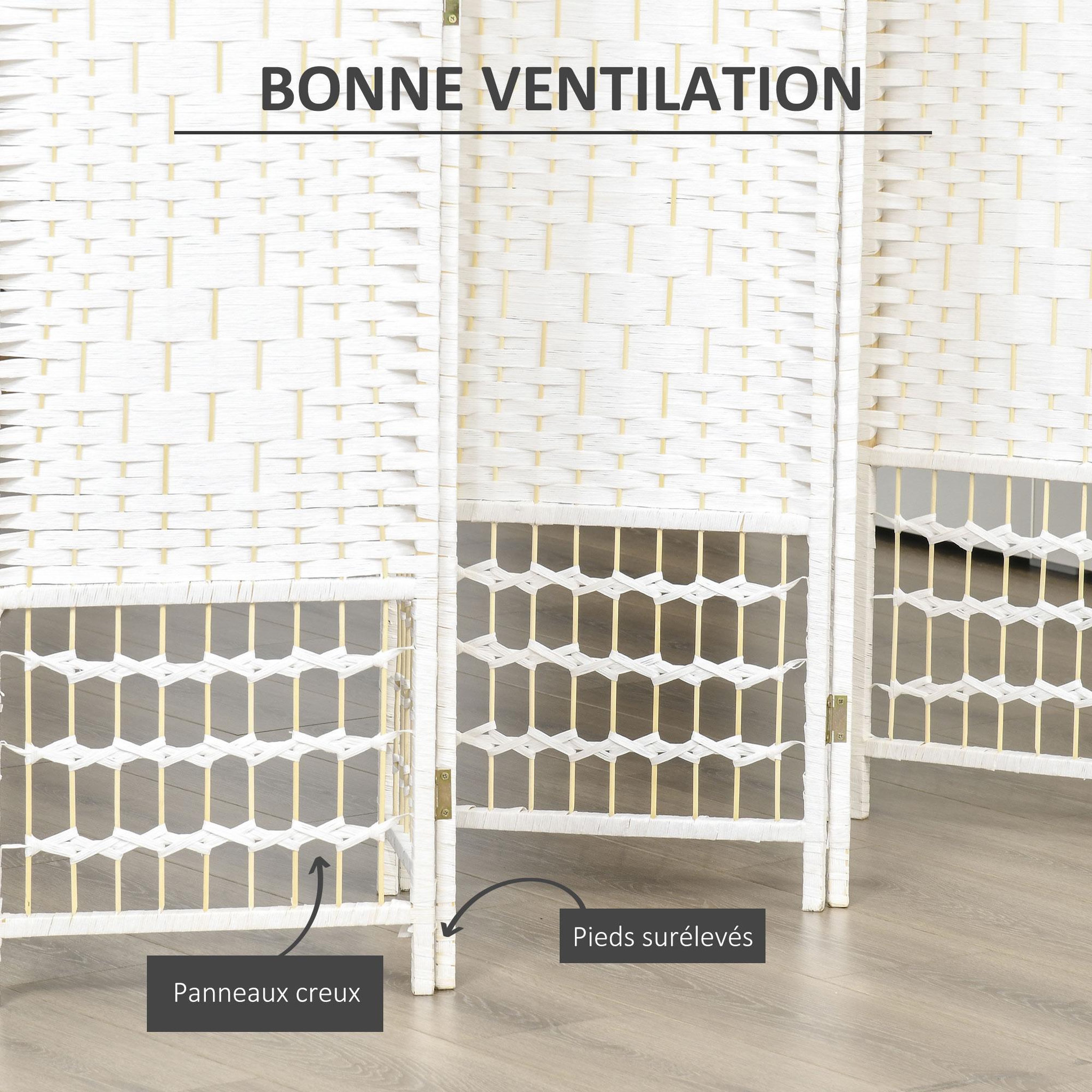 Voir la diapositive 4 : HOMCOM Paravent intérieur 6 panneaux pliables séparateur de pièce bois de peuplier bambou fibres de papier tressée blanc paille