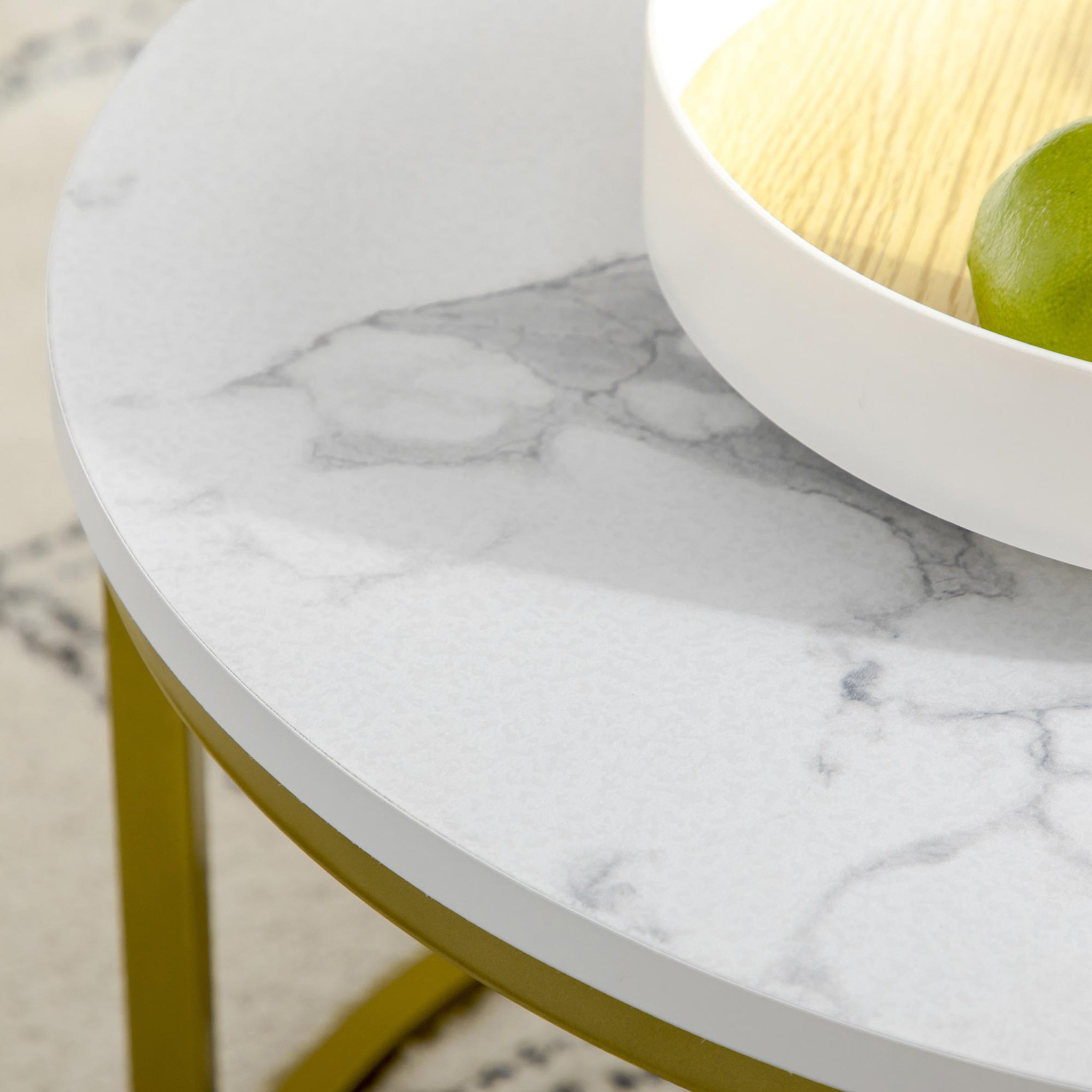 Voir la diapositive 5 : HOMCOM Lot de 2 tables basses gigognes rondes style art déco - acier doré panneaux aspect marbre blanc
