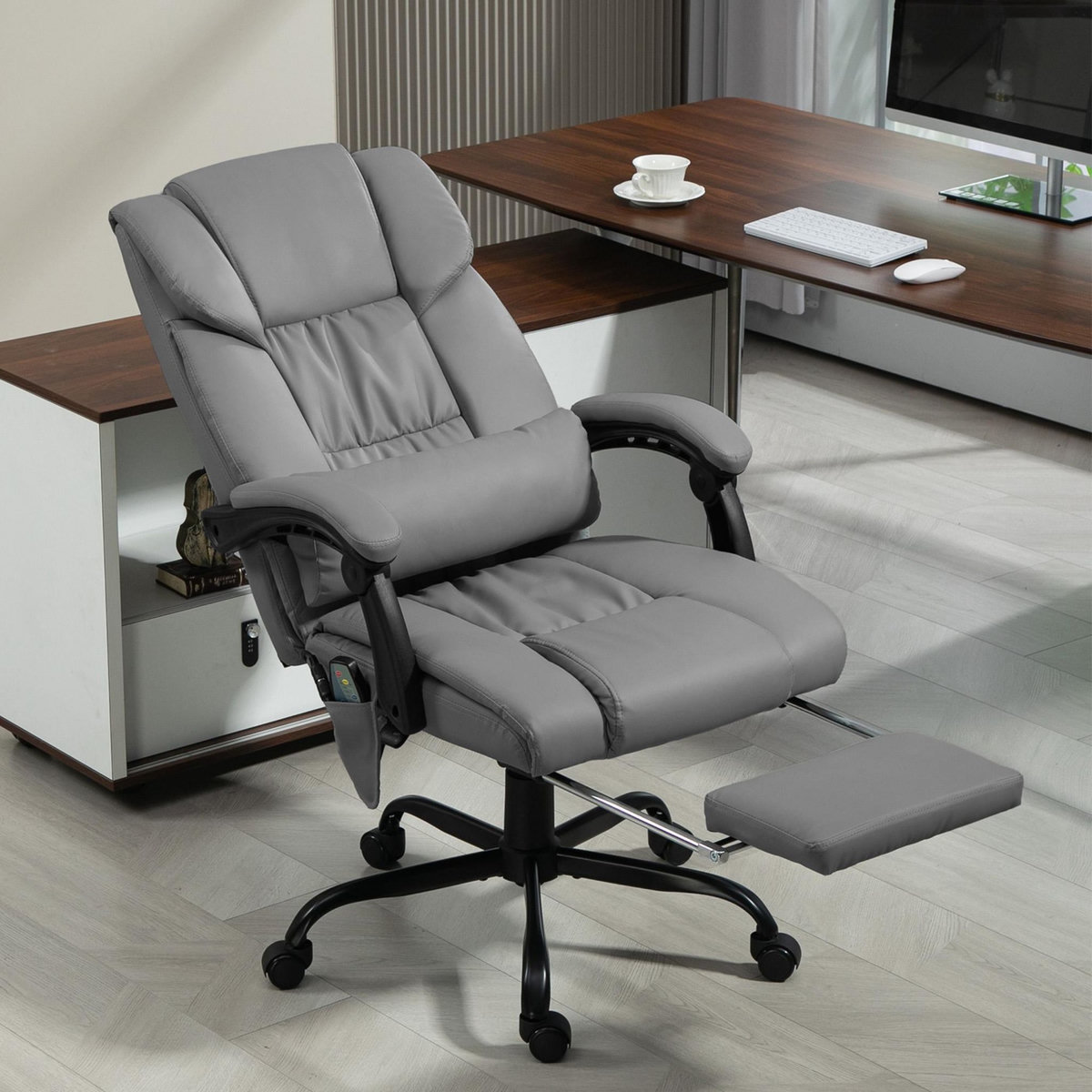 VINSETTO Fauteuil de bureau direction massant inclinable réglable - repose-pieds rétractable intégré - acier noir PU gris