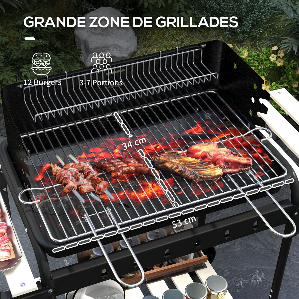 OUTSUNNY Barbecue à charbon sur pied grille réglable 2 roues 3 étagères récupérateur de cendres noir