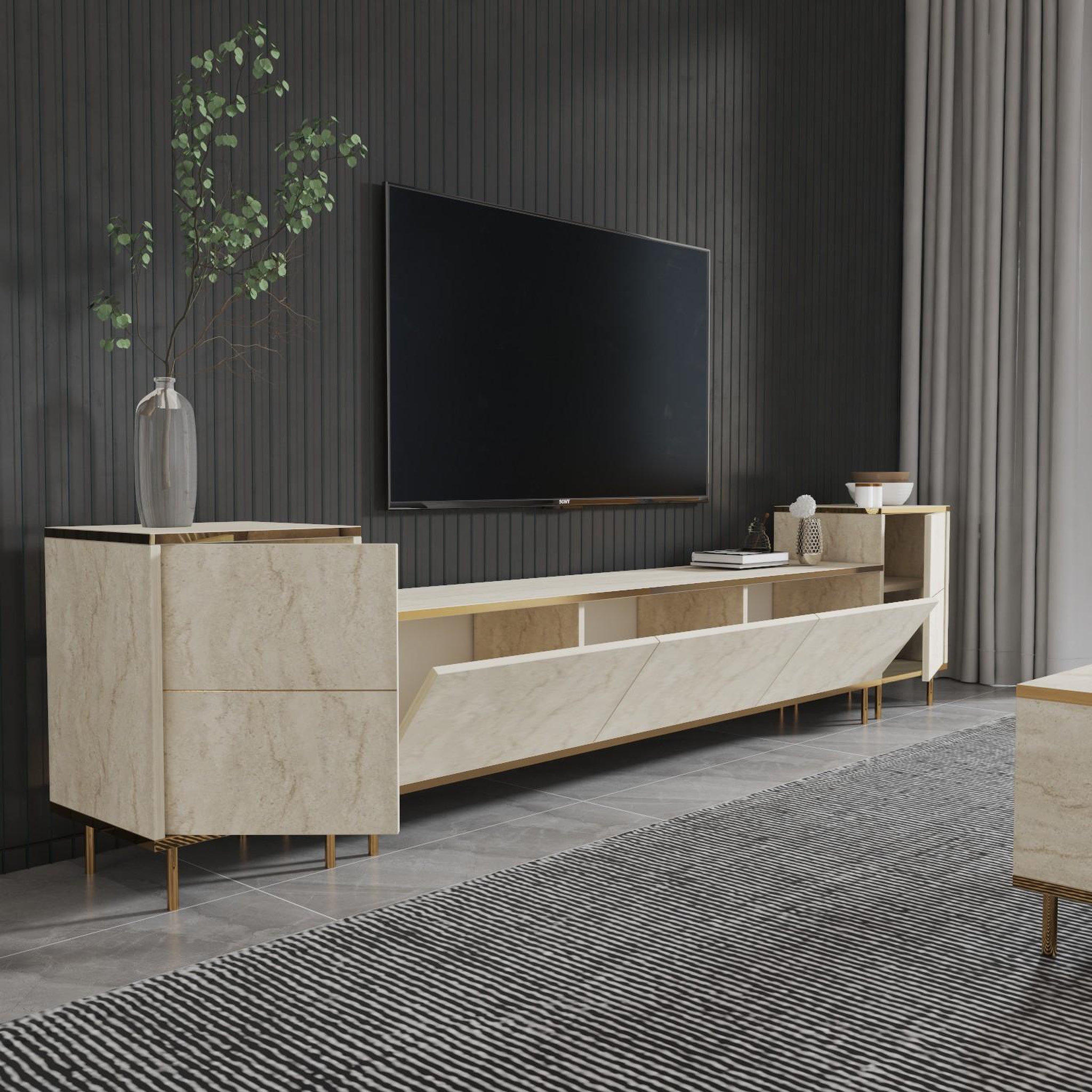 Voir la diapositive 4 : Habitat et Jardin Meuble tv en bois  imaj  - 260 x 35 x 60 cm - travertinor