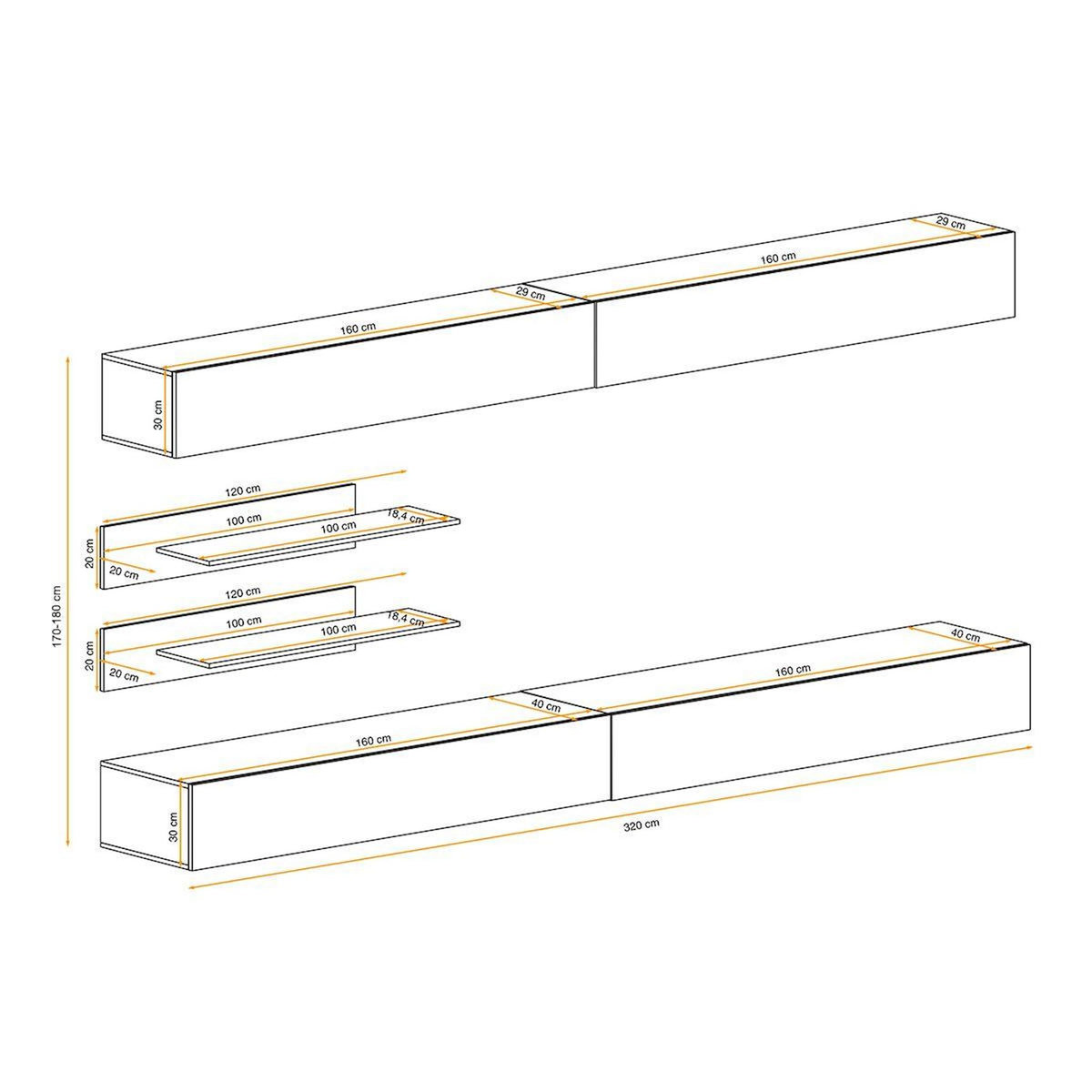Paris Prix Ensemble Meuble TV Mural  Fly I1  320cm Blanc