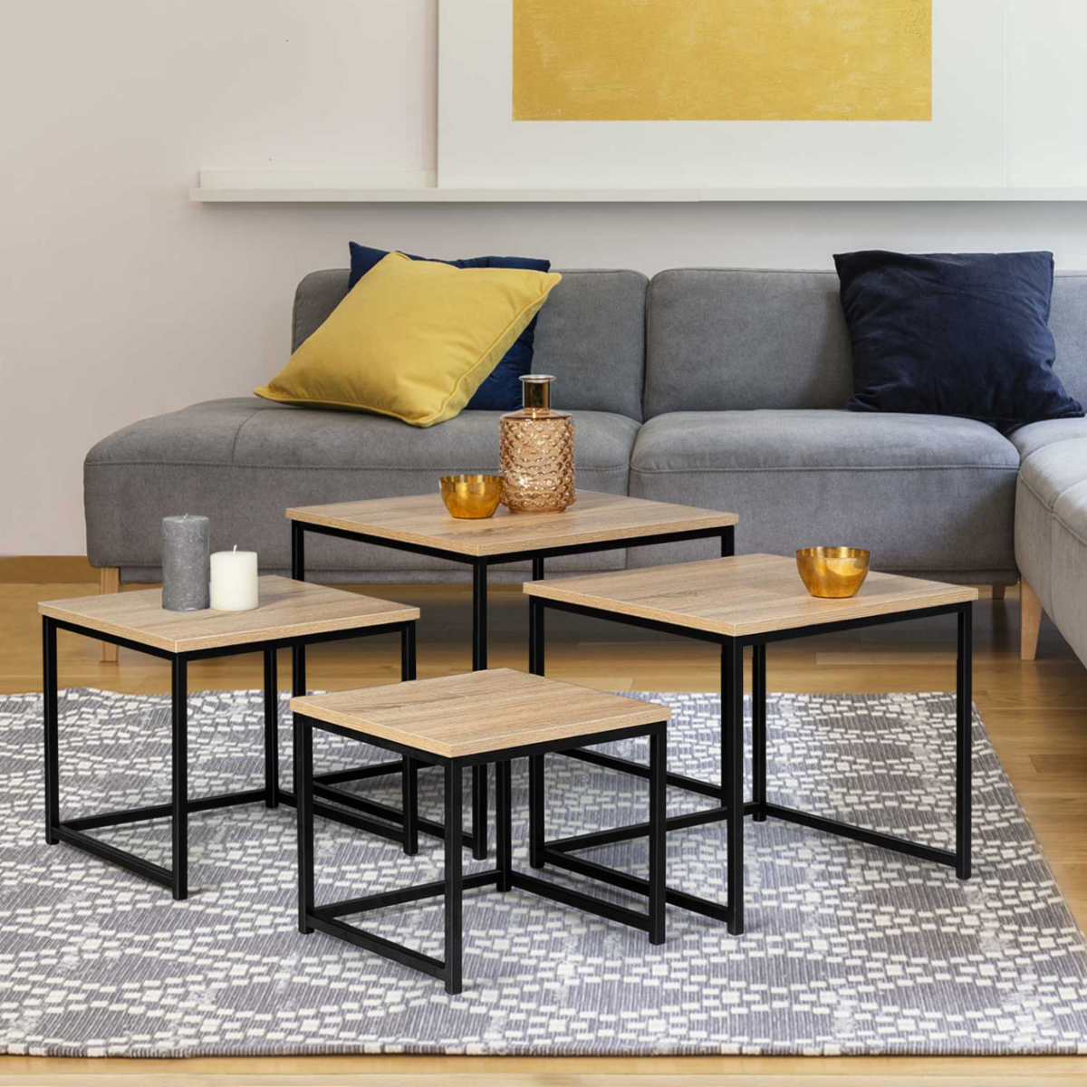 ID MARKET Lot de 4 tables basses gigognes DETROIT 35/40/45/50 design industriel