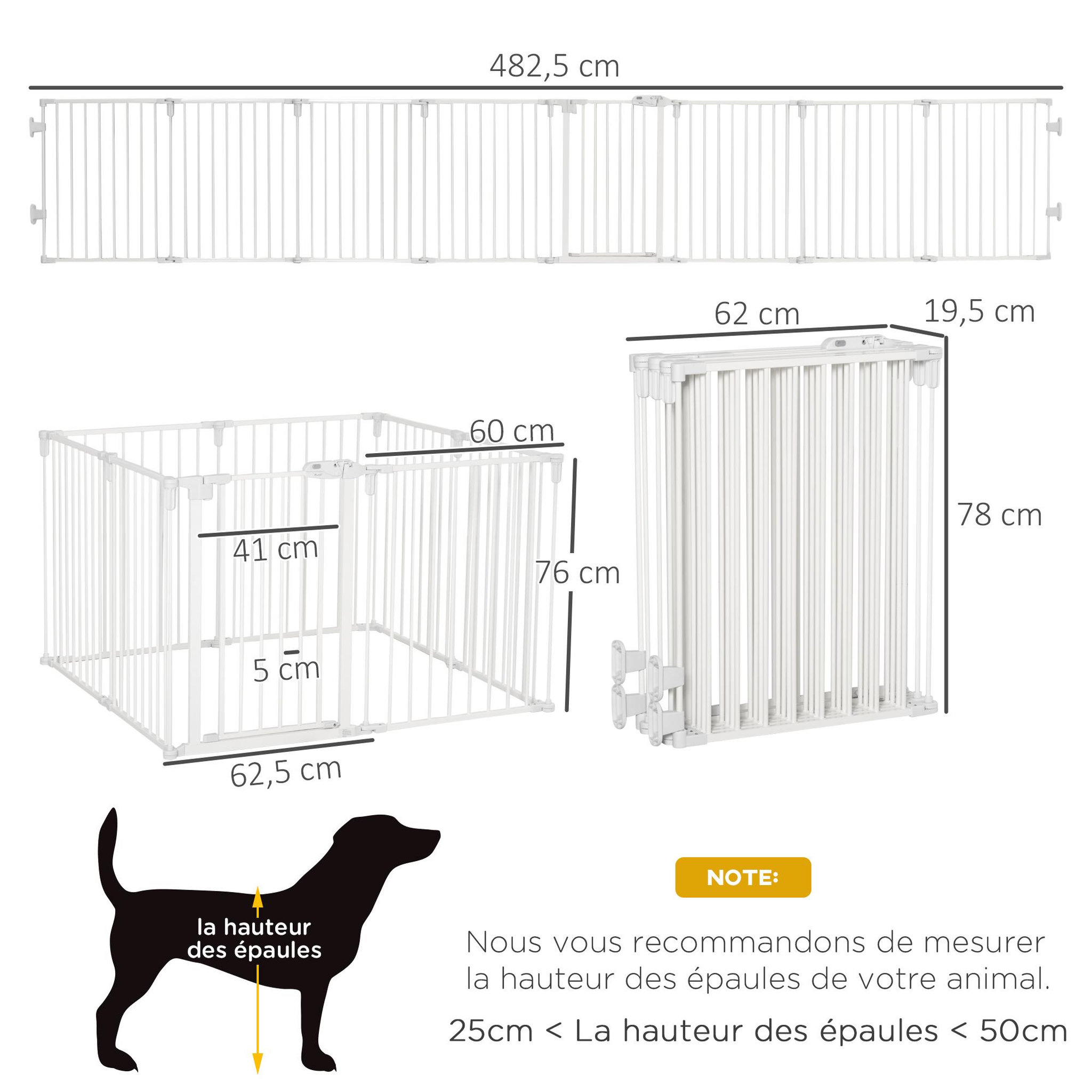 Voir la diapositive 3 : PAWHUT Barrière de sécurité - parc enclos chien modulable pliable - porte verrouillable - 8 panneaux acier et pp - dim. 482,5l max. X 76h cm blanc