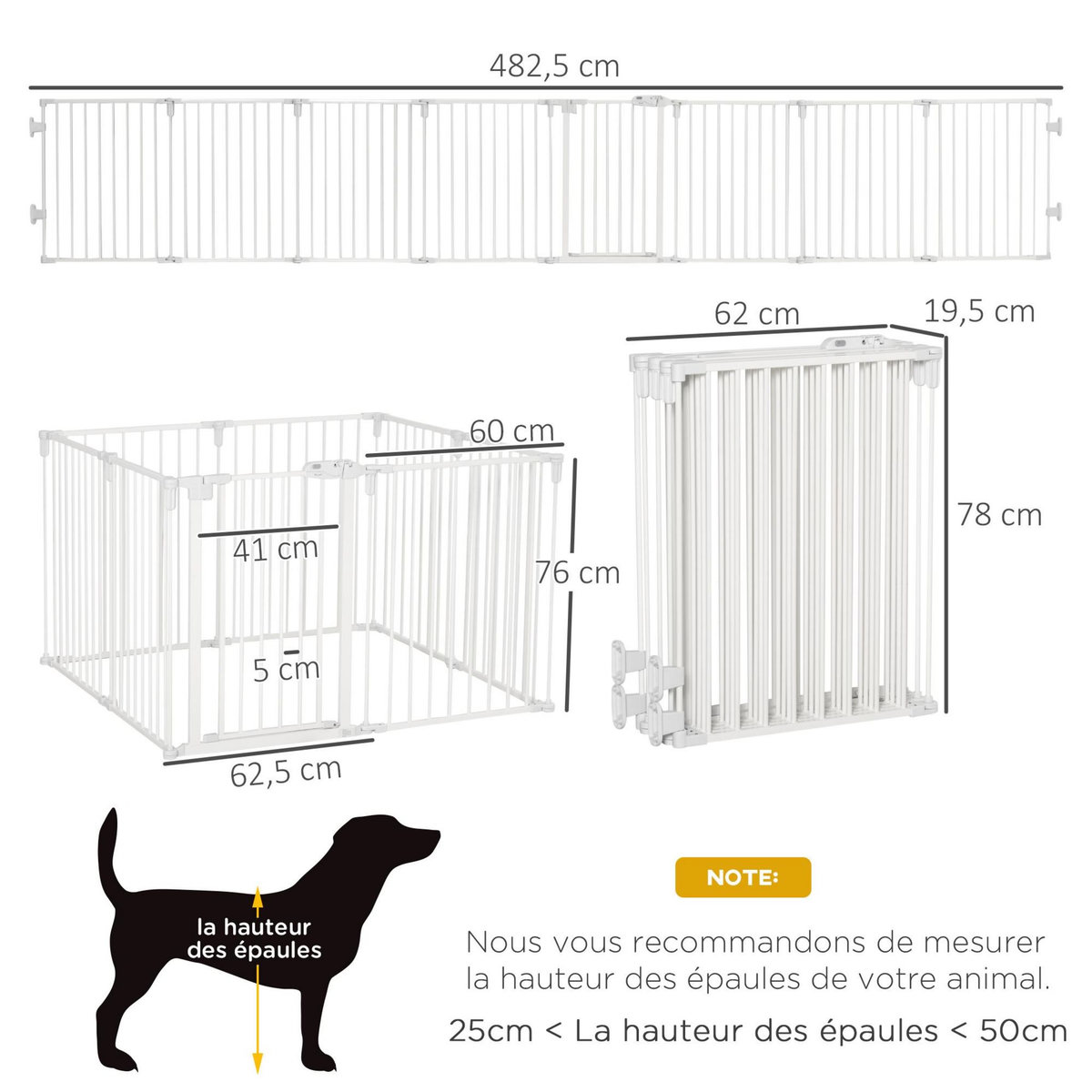 PAWHUT Barrière de sécurité - parc enclos chien modulable pliable - porte verrouillable - 8 panneaux acier et PP - dim. 482,5L max. x 76H cm blanc