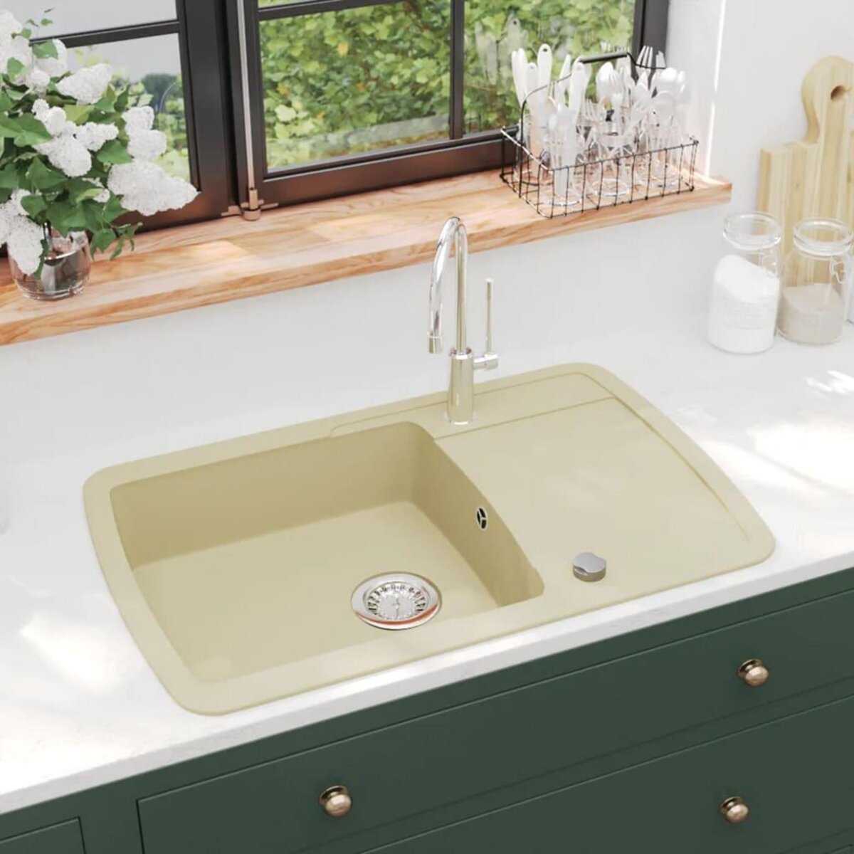VIDAXL Evier de cuisine Granit Seul lavabo Beige