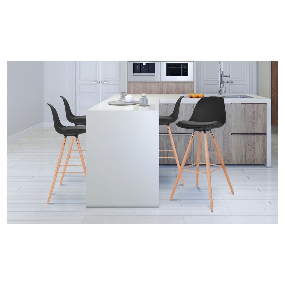 Lot de 4 tabourets de bar pieds bois massif BORGEN