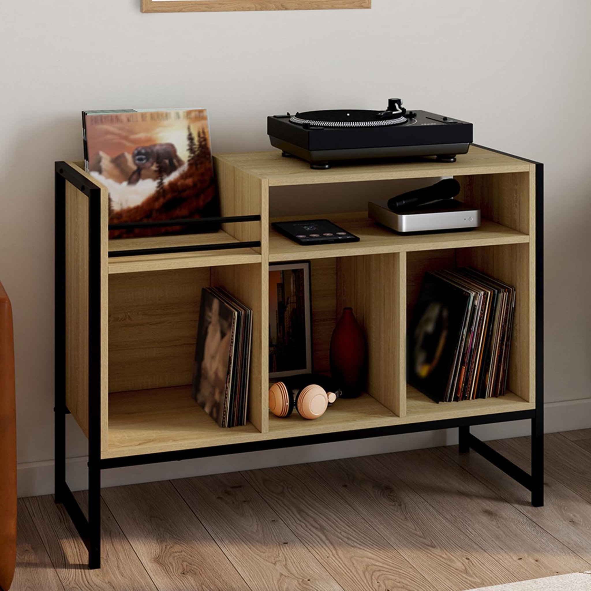 Voir la diapositive 2 : ID MARKET Meuble vinyle, buffet de rangement 100cm detroit bois et noir design industriel