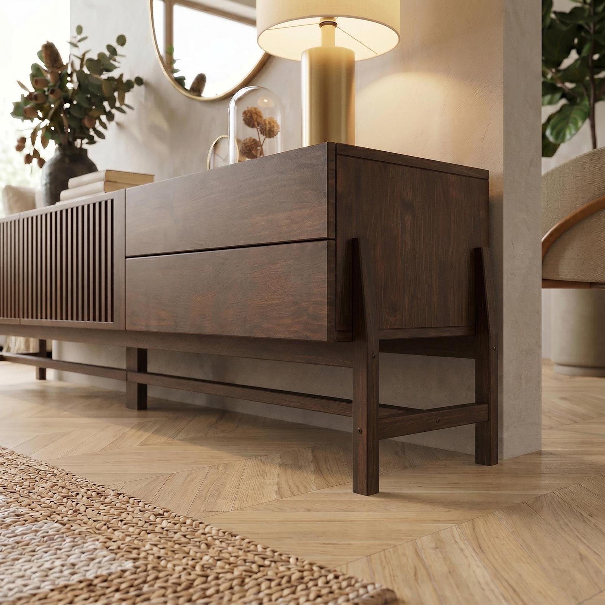 Voir la diapositive 5 : IDIMEX Meuble tv adamo l 220 cm 2 portes, 2 tiroirs en bois massif