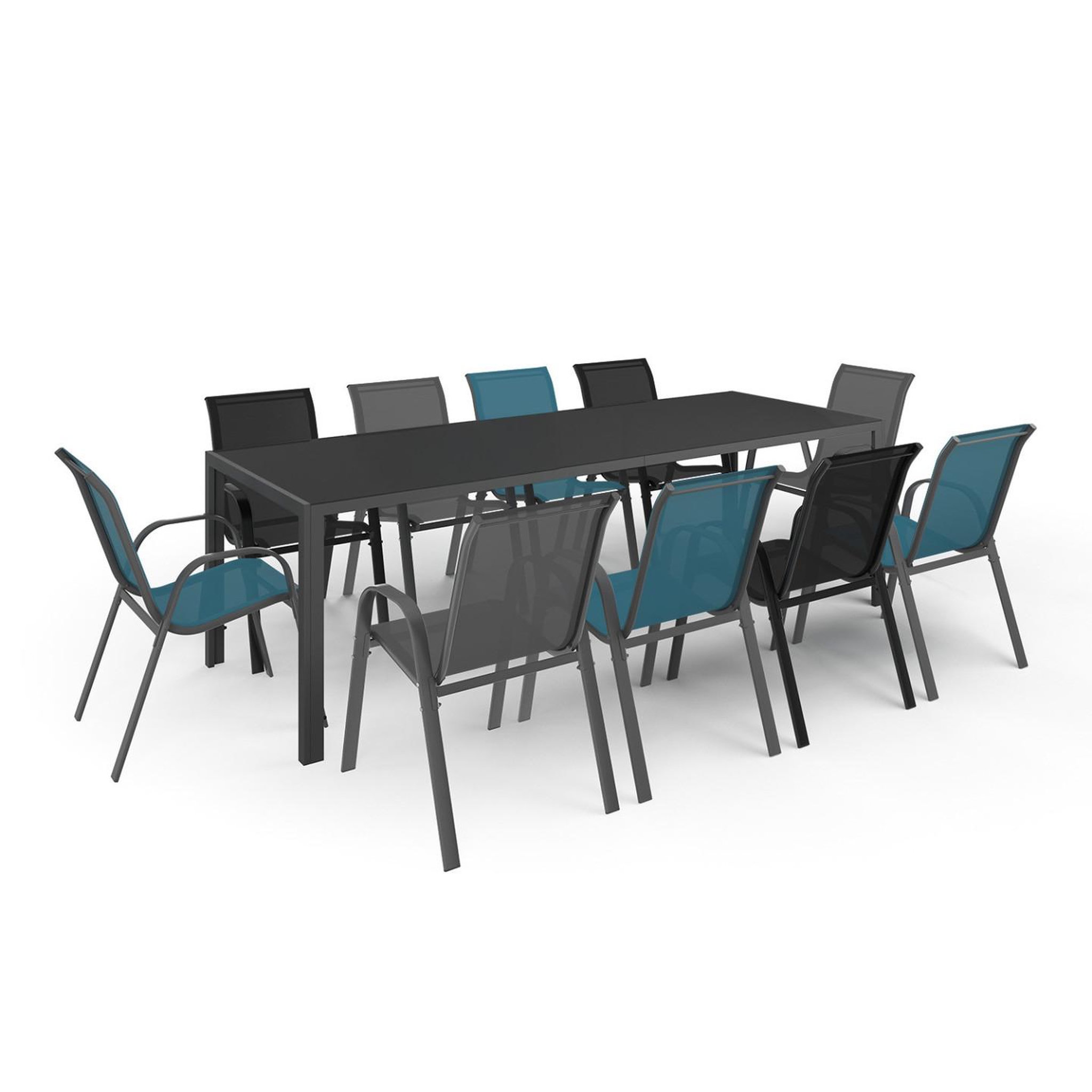 ID MARKET Salon de jardin madrid table 240 cm et 10 chaises empilables mix color bleu, gris et noir