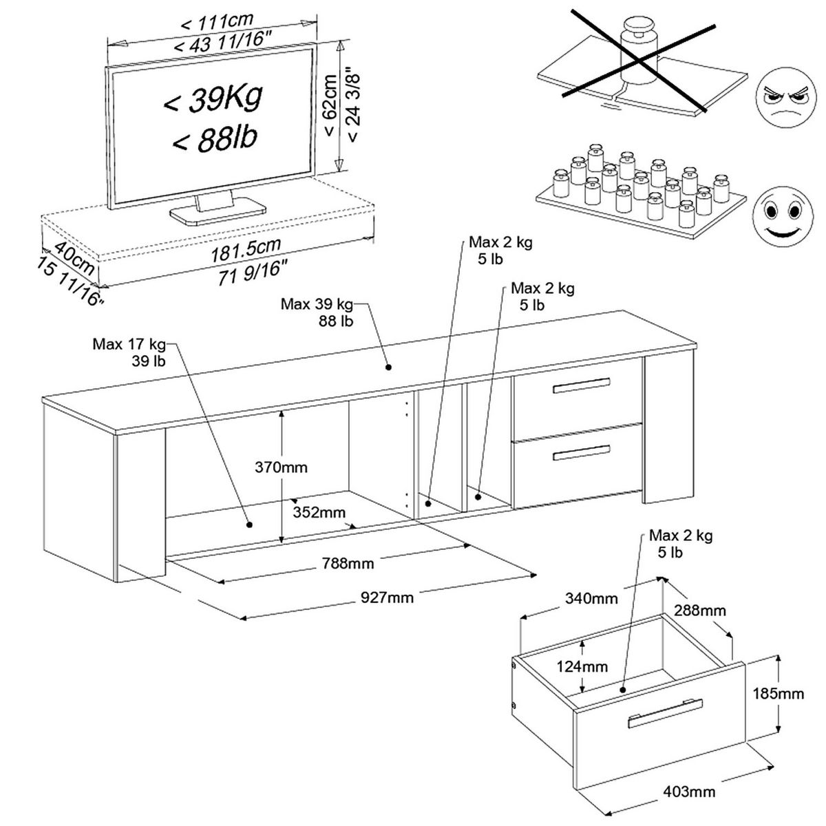 Meuble TV 2 portes 2 niches 2 tiroirs 2 portes L182cm LOLA