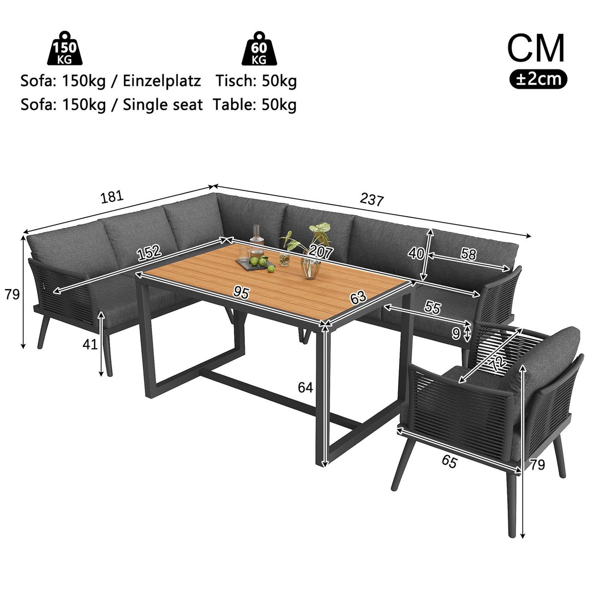 MERAX Salon de jardin repas 7 places en métal avec table, canapé d'angle et fauteuils