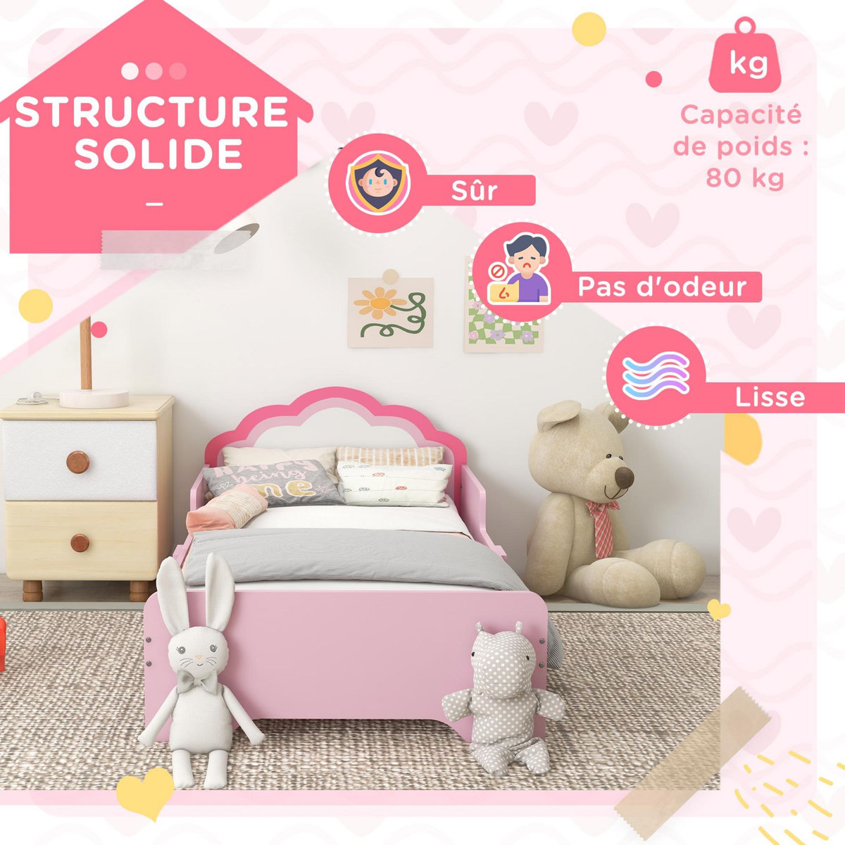 HOMCOM Lit enfant design girly motif nuage - sommier à lattes inclus - MDF contreplaqué rose blanc