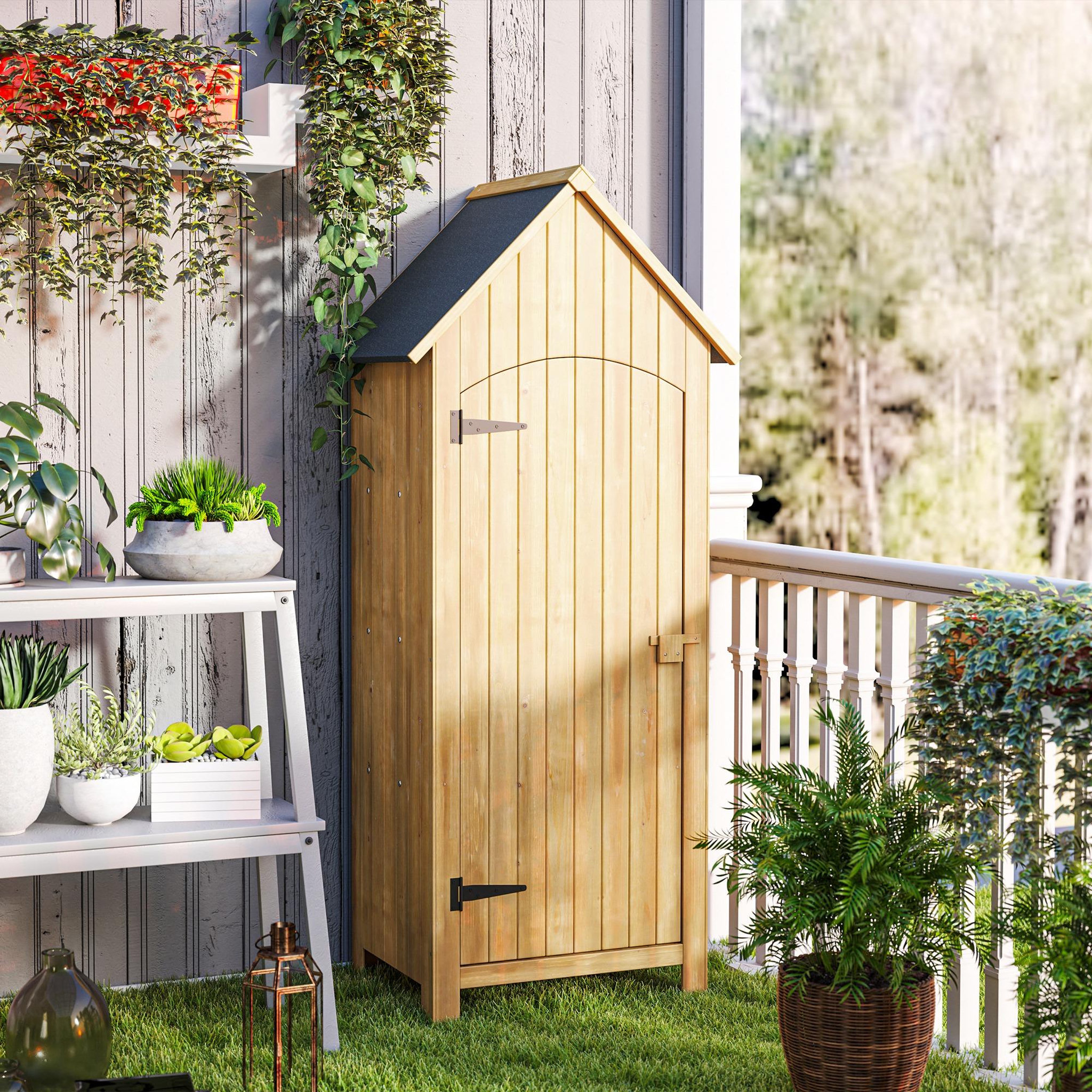 Voir la diapositive 2 : OUTSUNNY Armoire abri de jardin remise pour outils 3 étagères porte loquet toit pente bitumé dim. 77L x 54l x 179H cm bois sapin pré-huilé