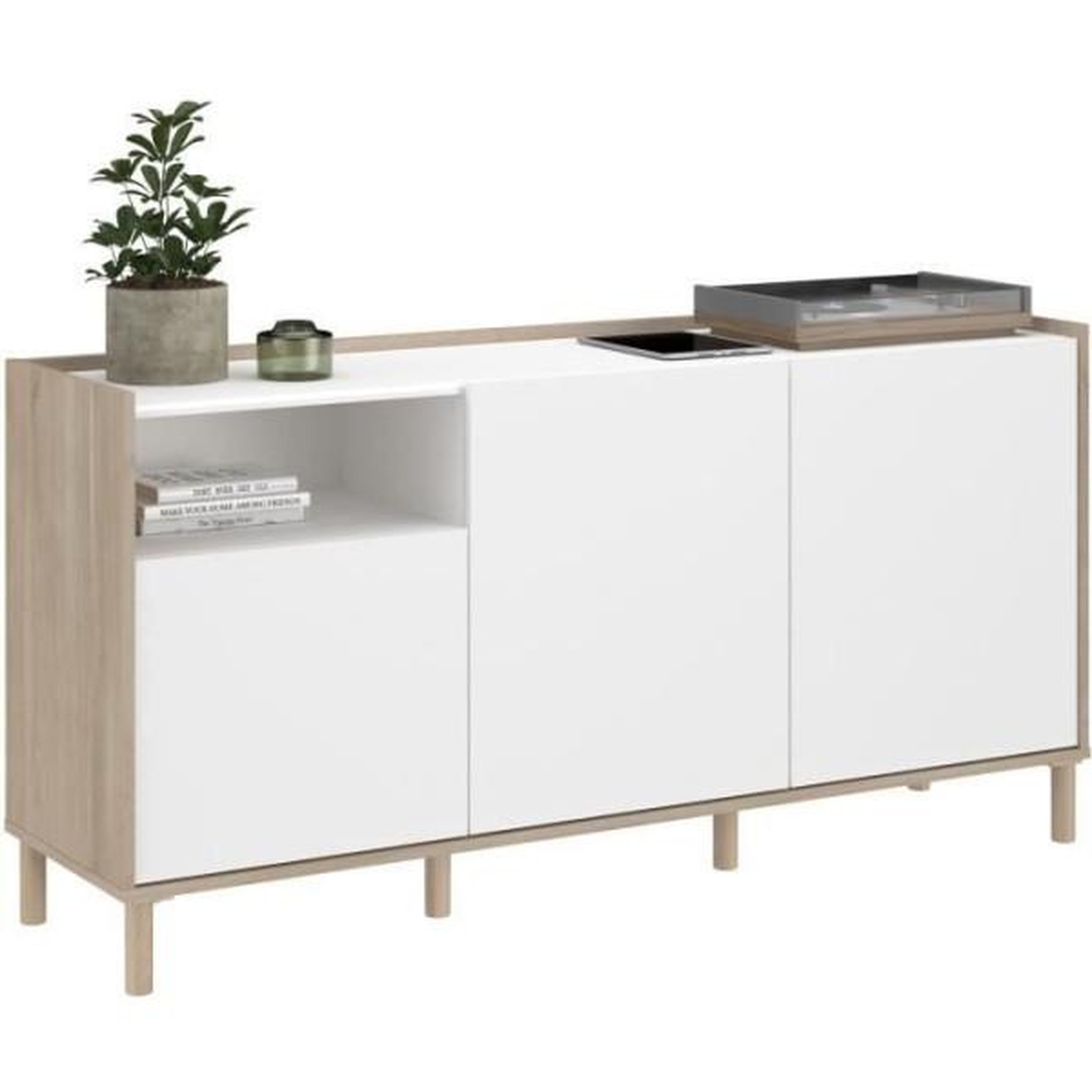 Voir la diapositive 6 : PARISOT Buffet MORPHOS - L 150 x P 40 x H 74,5 cm - Décor blanc / Chene - 3 portes - PARISOT