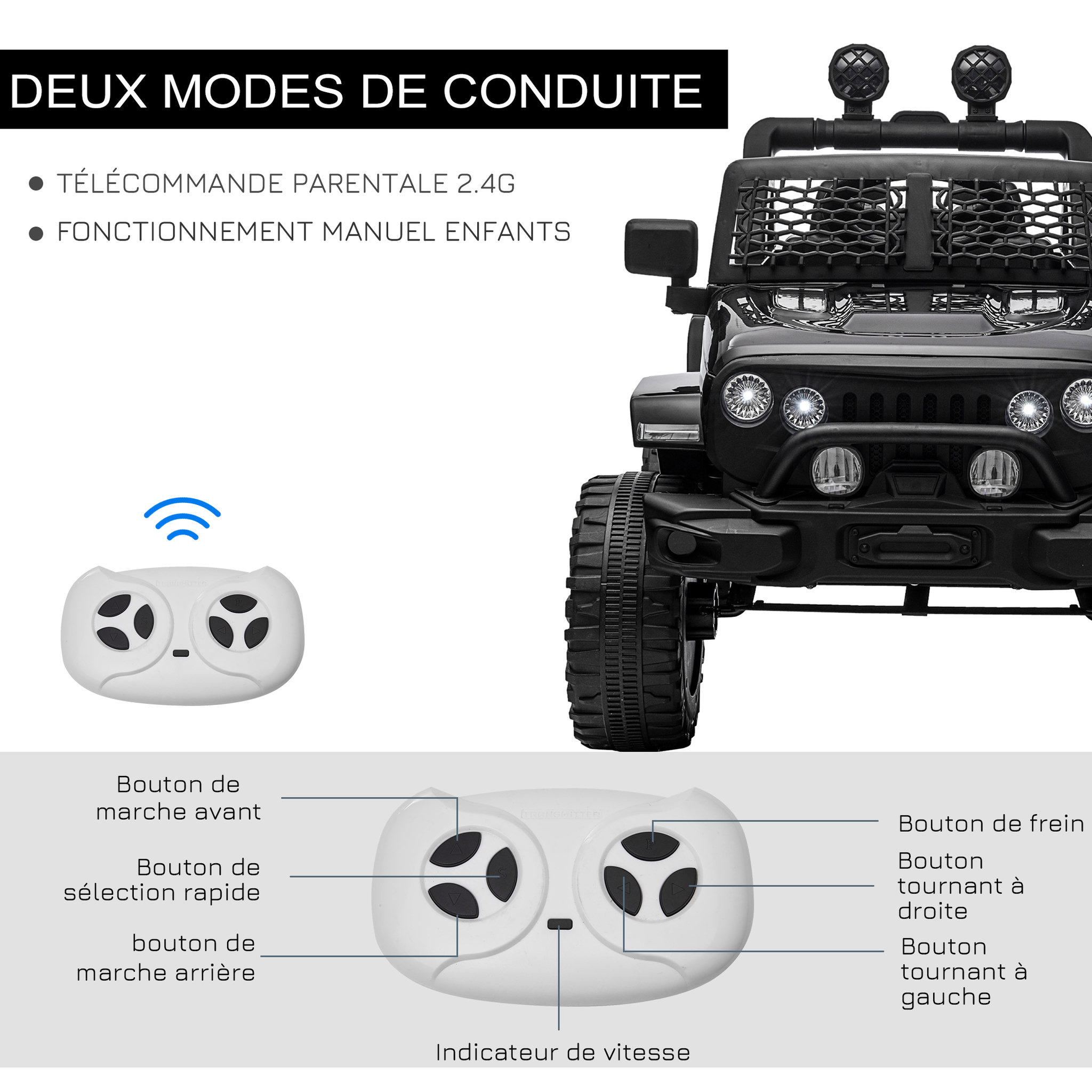 Voir la diapositive 4 : HOMCOM Voiture 4x4 électrique enfant 2 moteurs 35 W 5 Km/h max. télécommande incluse effets lumineux sonores noir