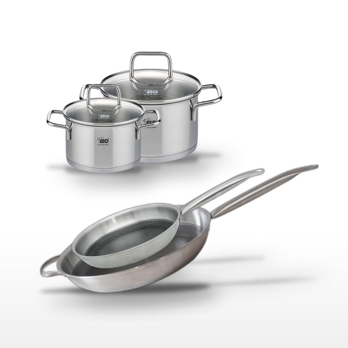 ELO Lot 2 Poêles 28/32cm & 2 Faitouts 16/20cm Elo Relief Solution