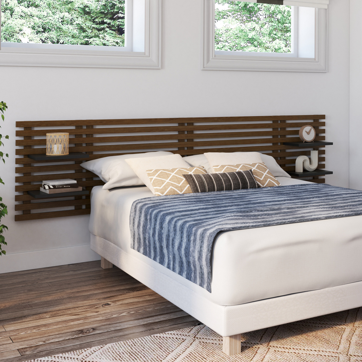 ID MARKET Tête de lit suspendue en lattes AVA 240 cm bois vieilli et étagères noires