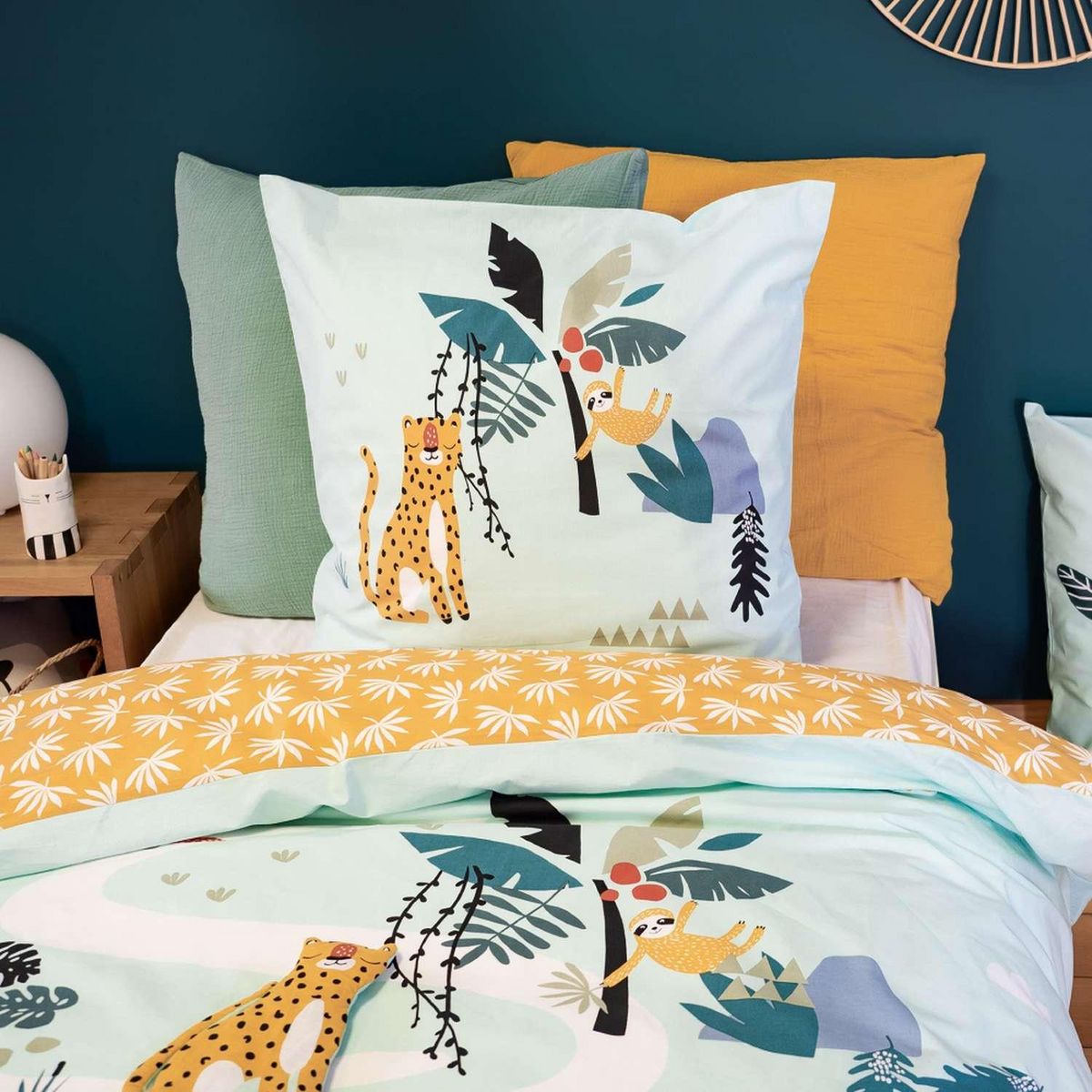COTE DECO Parure de lit enfant Jungle avec animaux à scratcher - 100% coton 57 fils/cm² - 140 x 200 cm