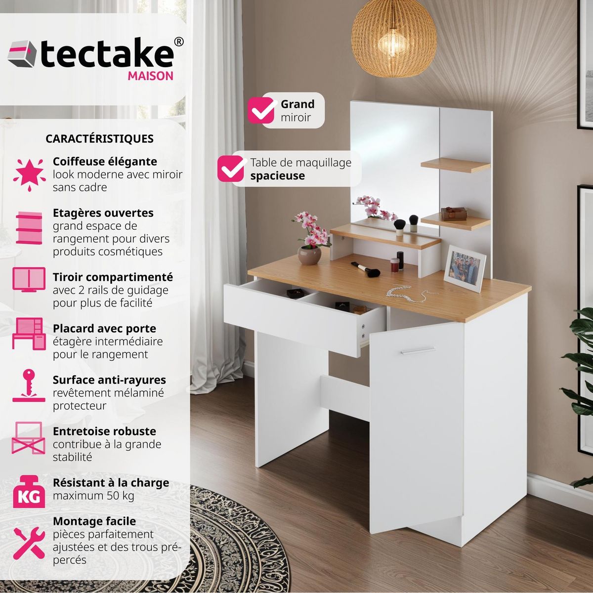 tectake Coiffeuse table de maquillage au look moderne blanc/hêtre