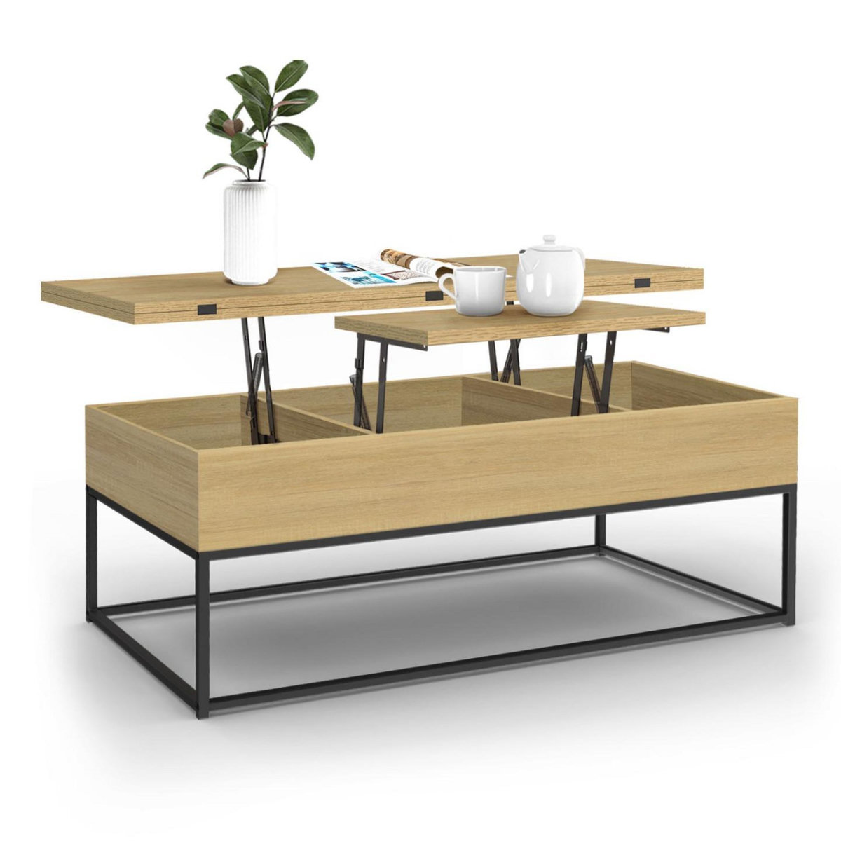 ID MARKET Table basse rectangulaire relevable convertible en table à manger DETROIT design industriel
