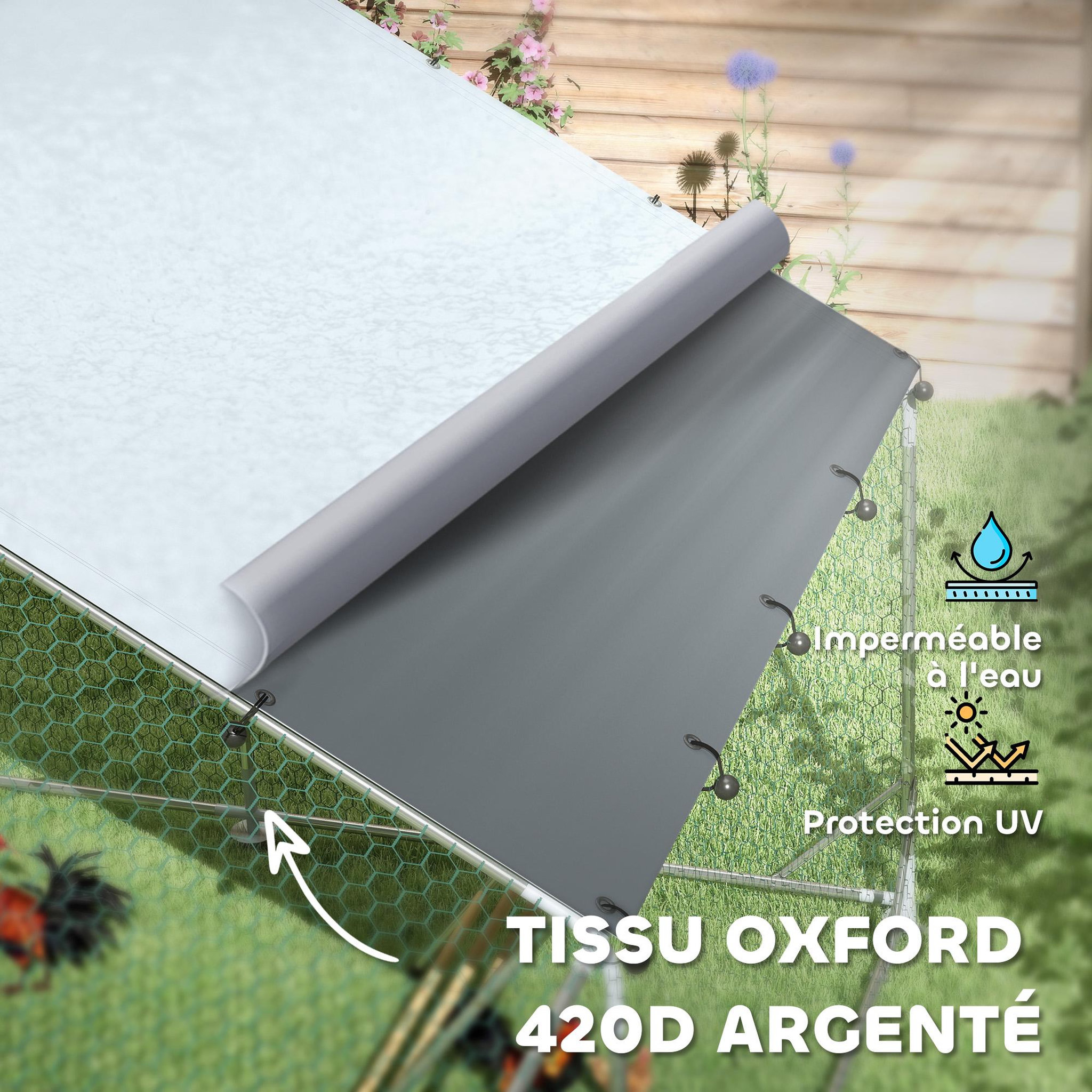 Voir la diapositive 5 : PAWHUT Enclos poulailler 12 m² espace couvert - perchoir, mangeoire à suspendre, porte, bâche - 4 x 3 x 1,95 m - acier gris