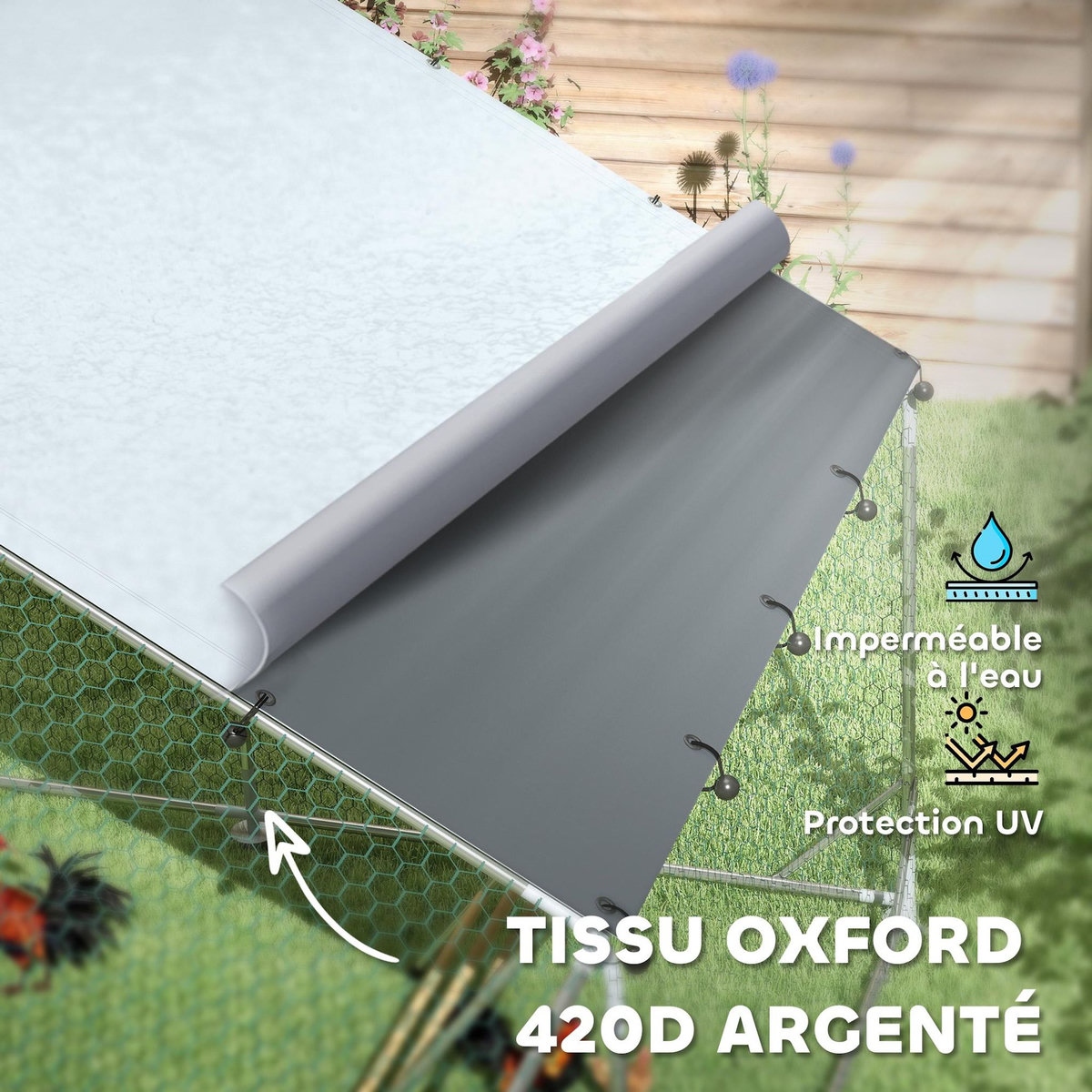 PAWHUT Enclos poulailler 12 m² espace couvert - perchoir, mangeoire à suspendre, porte, bâche - 4 x 3 x 1,95 m - acier gris