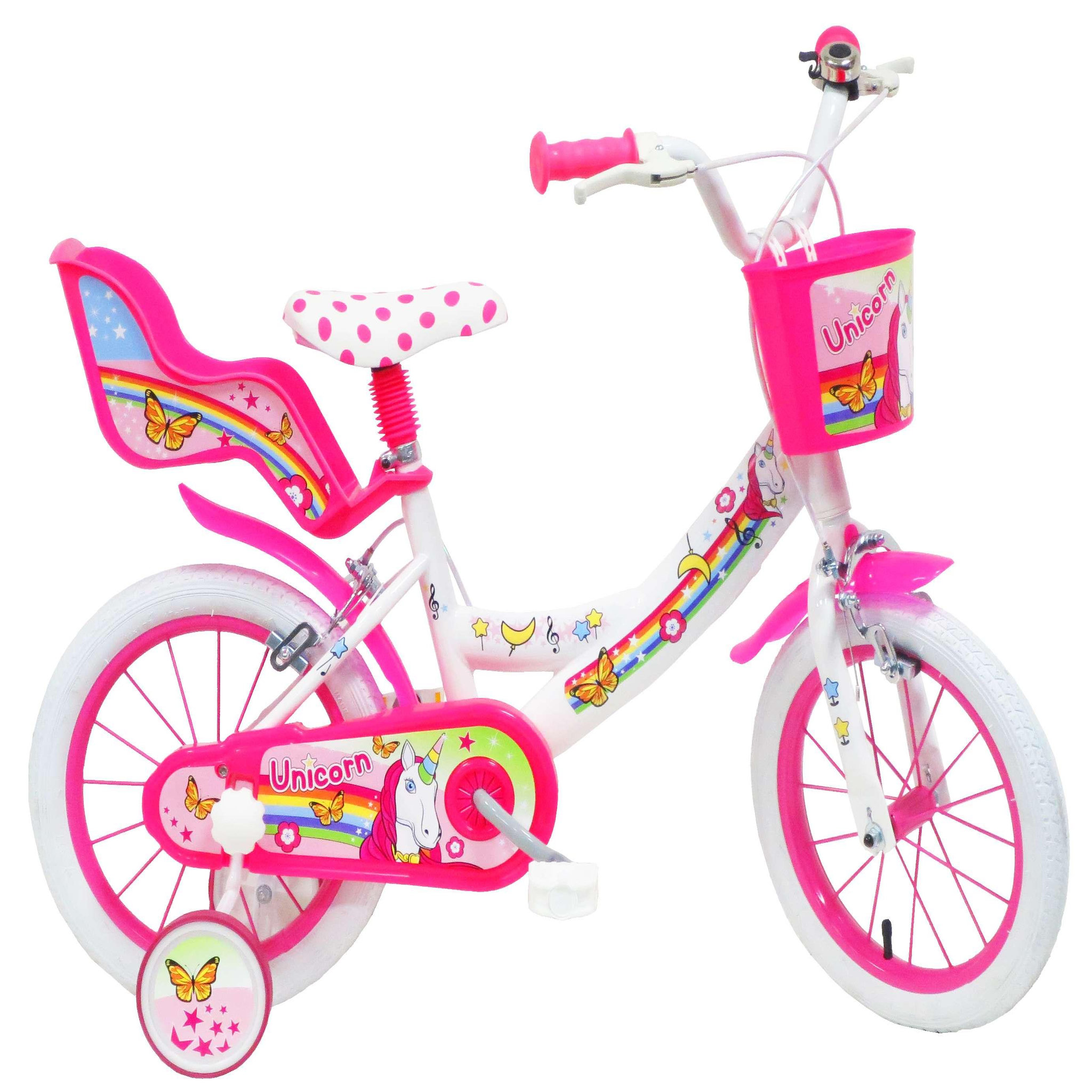 Vélo enfant - Modèle 14'' Fille Licorne / Unicorn pour enfant de 95/110 cm avec stabilisateurs - Panier avant - Porte poupée arrière - 2 freins