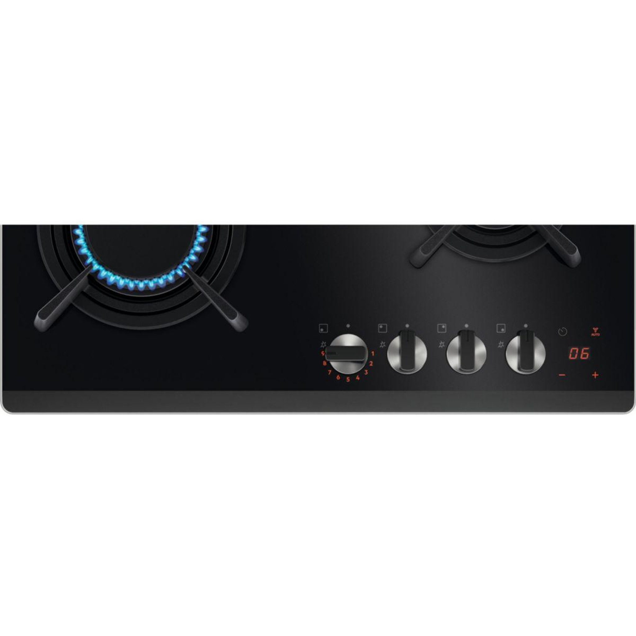 Voir la diapositive 2 : ELECTROLUX Plaque gaz kgg643753k - 4 foyers verre noir et grilles fonte