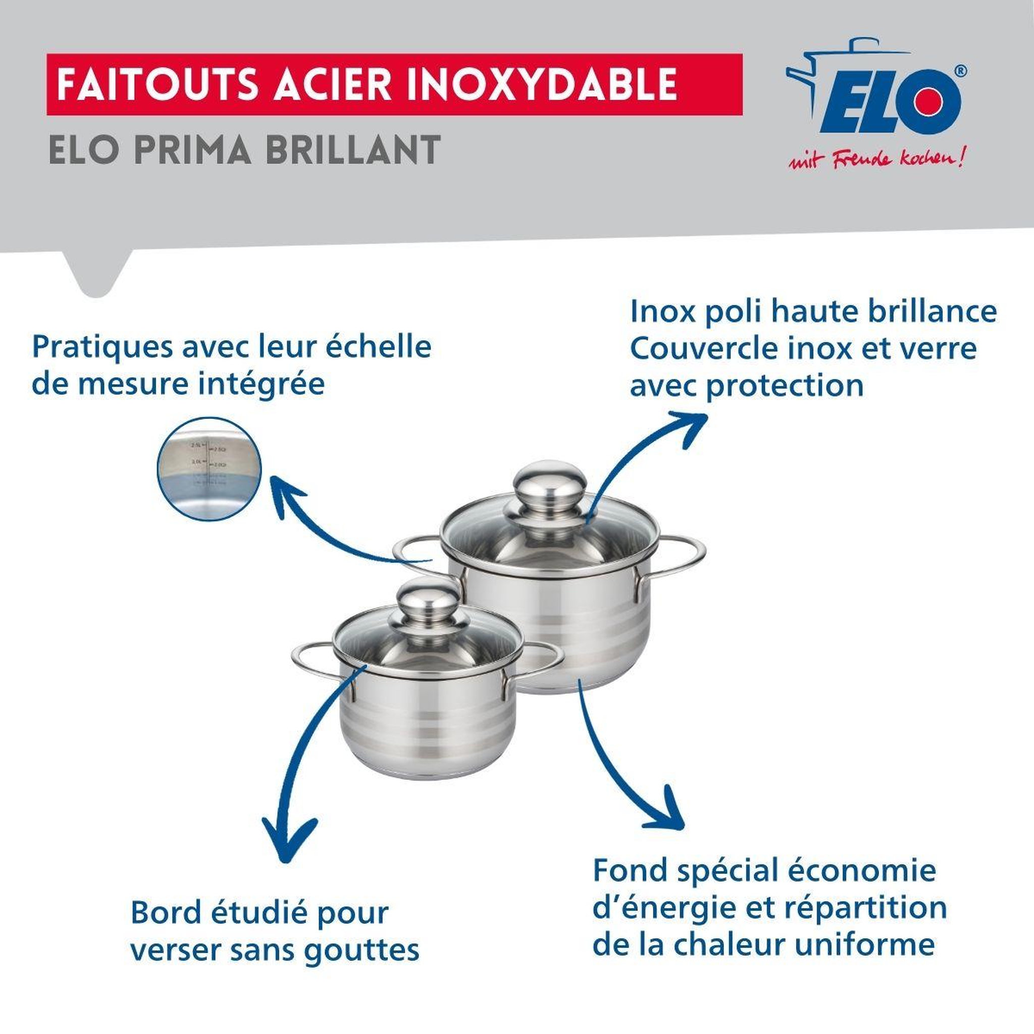 Voir la diapositive 3 : ELO Ensemble de 1 poêle de cuisson 24 cm et 2 faitouts 14 et 16 cm elo prima brillant