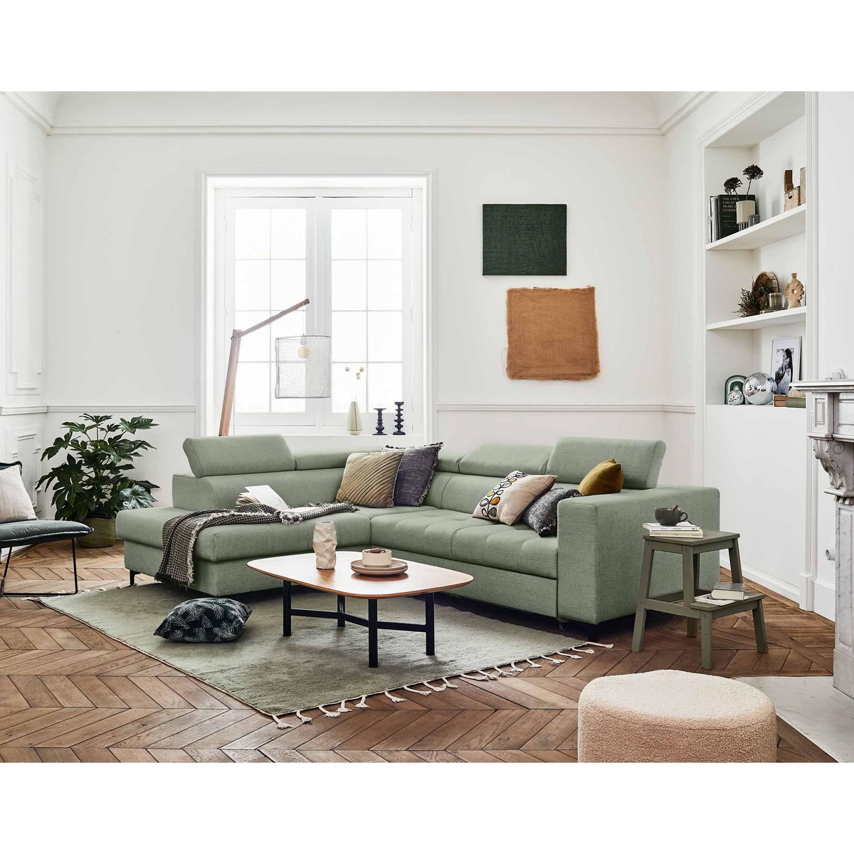 LISA DESIGN Olinda - canapé d'angle gauche - 5 places - convertible avec coffre et têtières réglables - en tissu