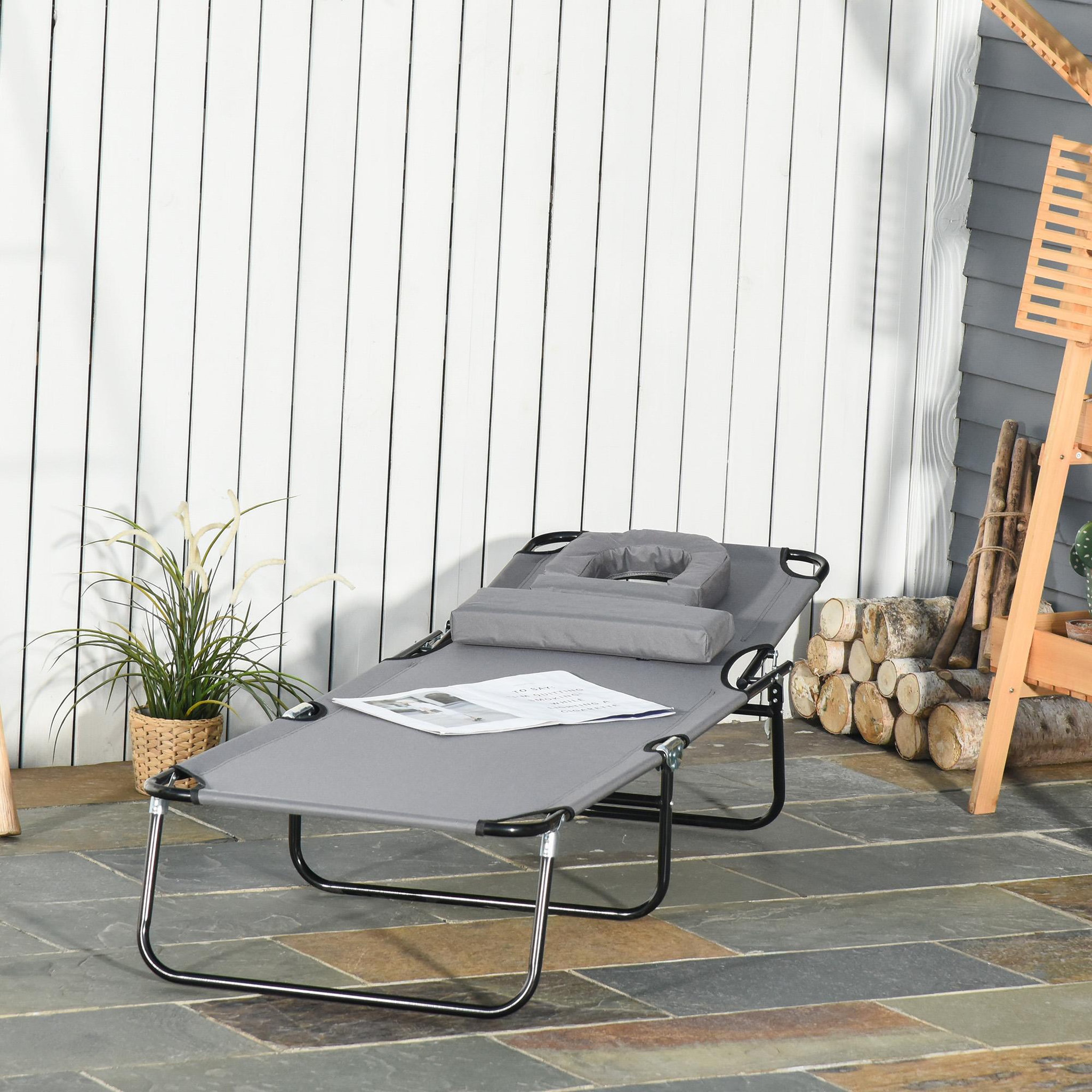Voir la diapositive 4 : OUTSUNNY Bain de soleil pliable transat inclinable 4 positions chaise longue de lecture 3 coussins fournis gris