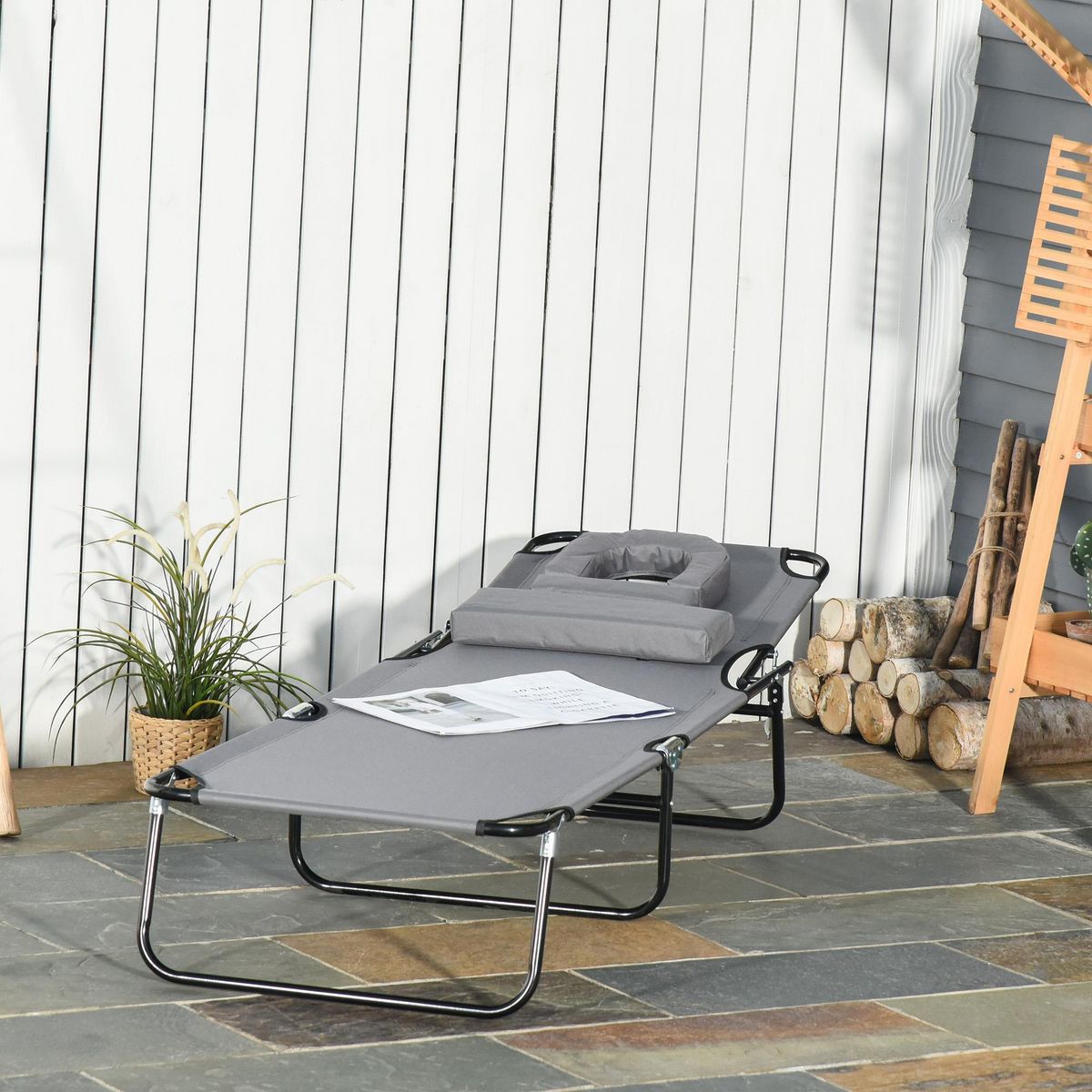 OUTSUNNY Bain de soleil pliable transat inclinable 4 positions chaise longue de lecture 3 coussins fournis gris
