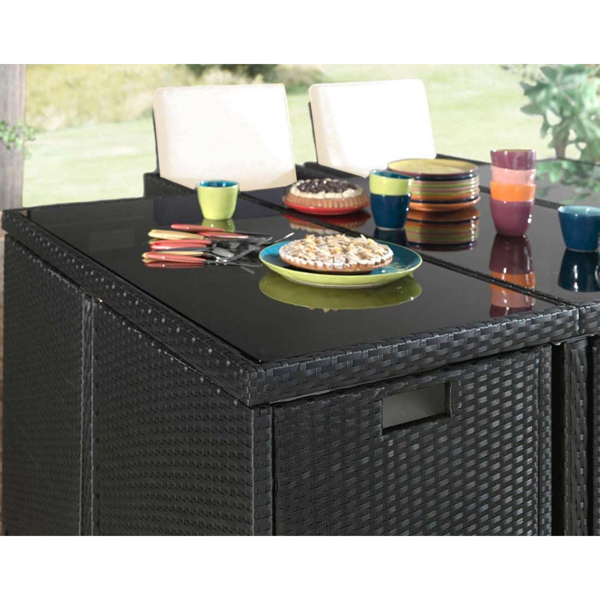 BEST MOBILIER Fira - salon de jardin encastrable 10 places - en résine tressée - noir avec coussins beiges + housse de protection