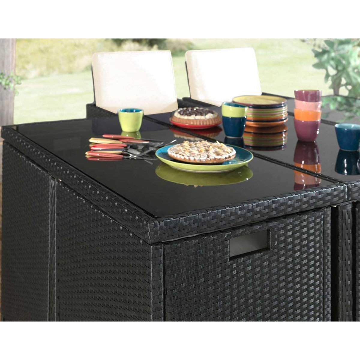 BEST MOBILIER Fira - salon de jardin encastrable 10 places - en résine tressée - noir avec coussins beiges + housse de protection