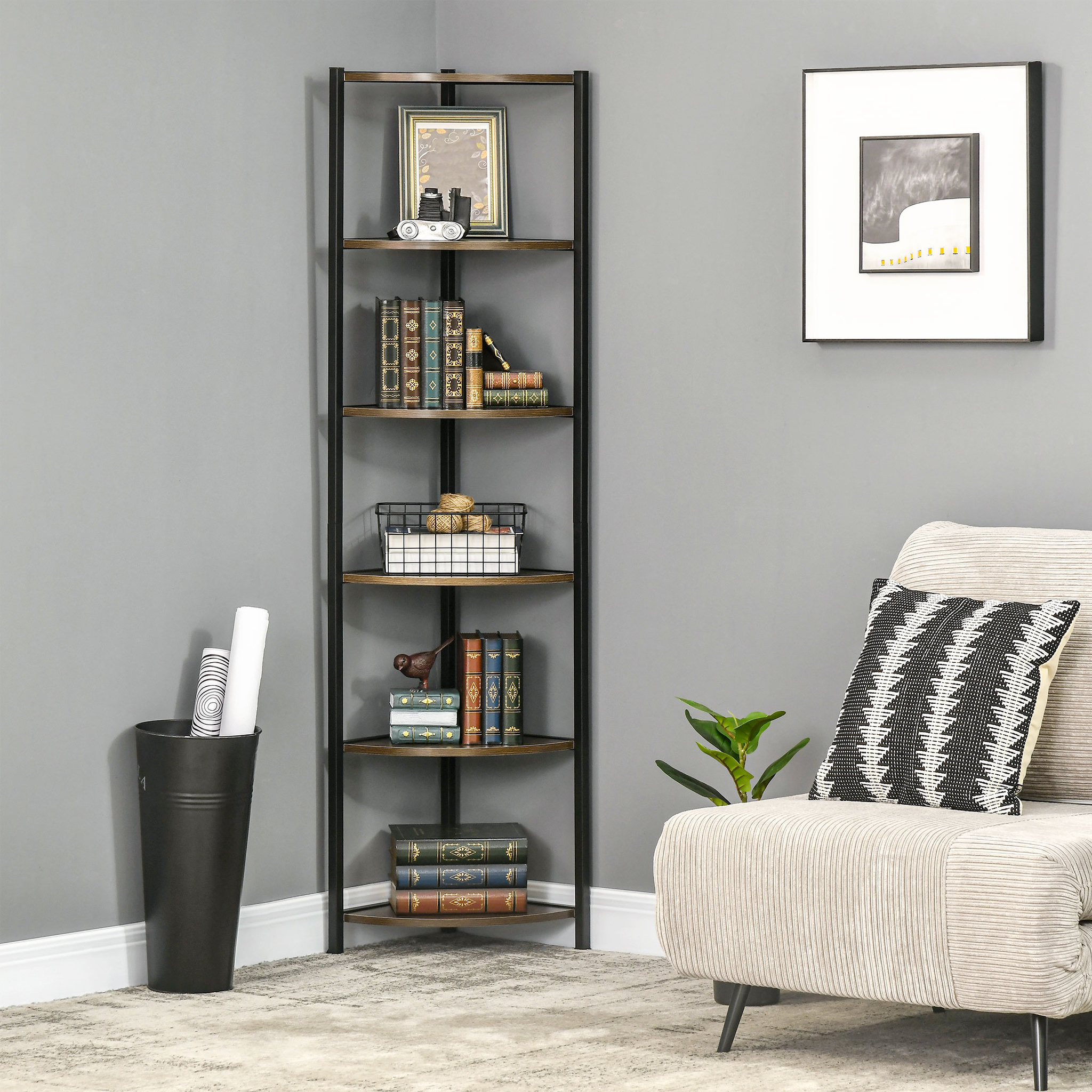 Voir la diapositive 2 : HOMCOM Étagère bibliothèque d'angle style industriel 6 étagères dim. 34L x 34l x 166H cm métal noir MDF aspect bois
