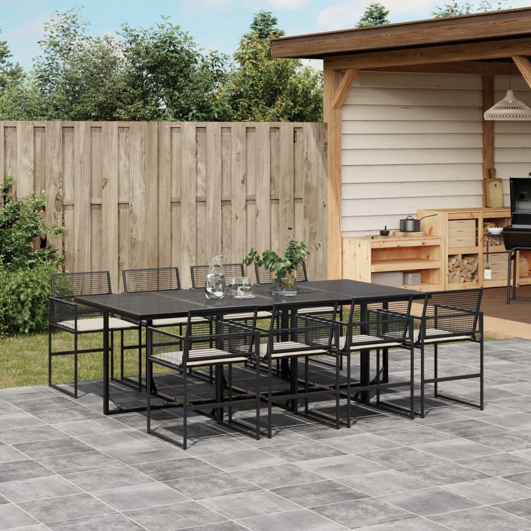 VIDAXL Ensemble a manger de jardin 9pcs coussins noir resine tressee