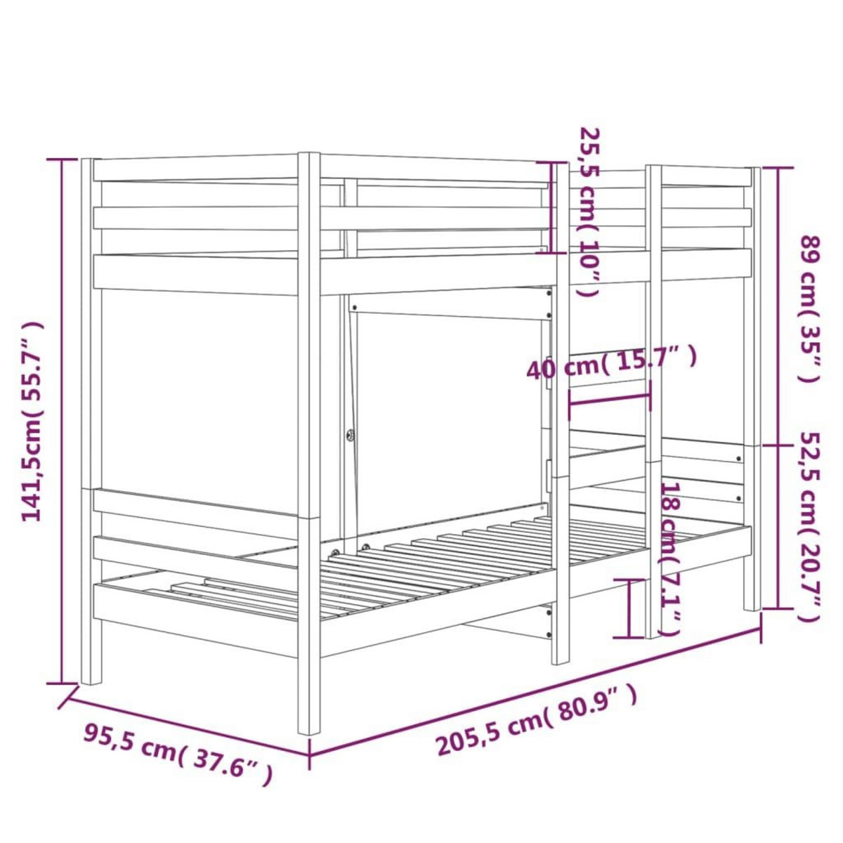 VIDAXL Lit superpose sans matelas marron miel 90x200 cm pin massif