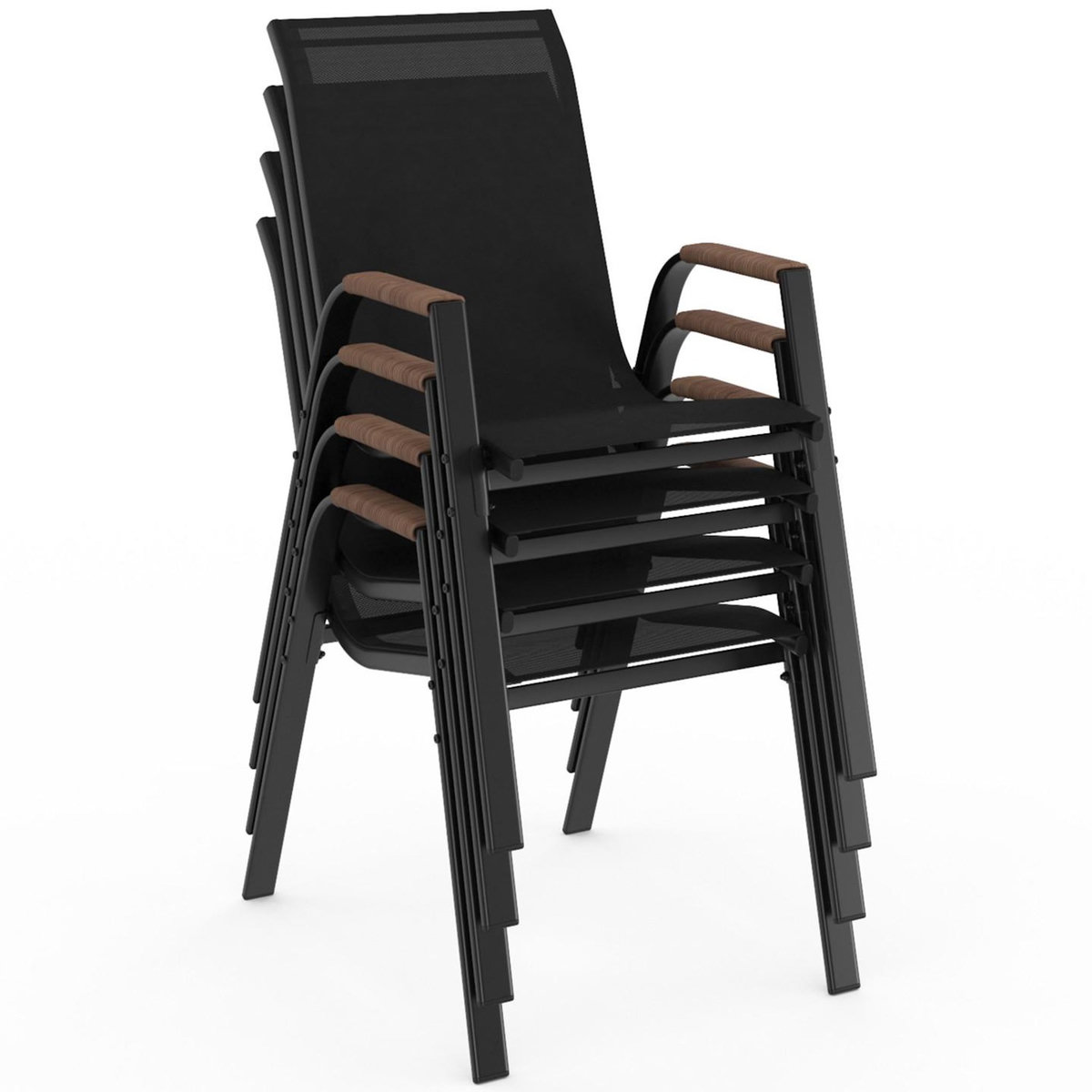 ID MARKET Salon de jardin NOUMEA table ronde 150 cm plateau verre trempé effet bois et 8 chaises empilables noir et bois