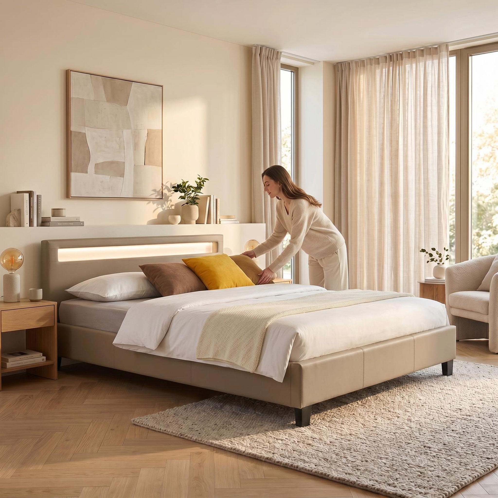 Voir la diapositive 2 : IDIMEX Lit LED double PINOT 140x190 cm, avec sommier, revêtement synthétique